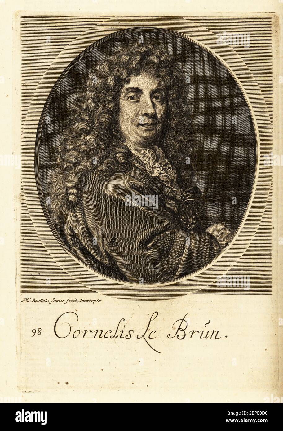 Portrait of Cornelis le Brun. Cornelis de Bruin (1652-1727), Dutch painter and author of accounts of his travels in Persia and other eastern lands. Copperplate engraving by Philippe Bouttats Junior from Cornelis de Bie’s The True Effigies of the most Eminent Painters, D. Browne at ye Black Swan, London, 1694. Stock Photo