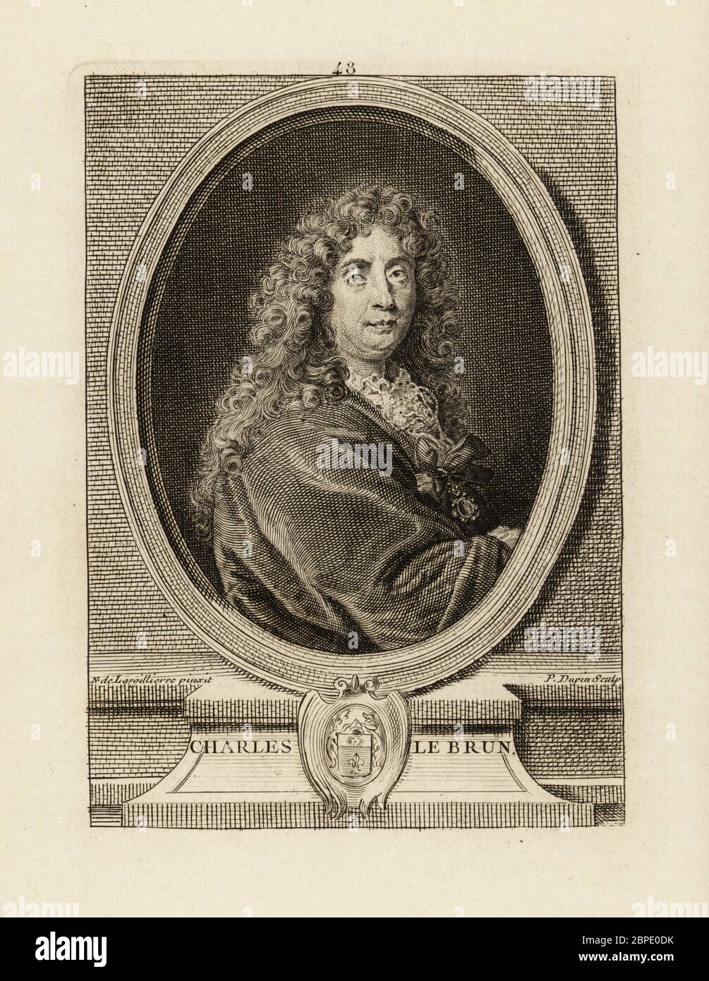 Portrait of Charles le Brun, French painter, physiognomist and art theorist, 1619-1690. Copperplate engraving by Pierre Dupin after a portrait by Nicolas de Largilliere, published 18th century. Stock Photo