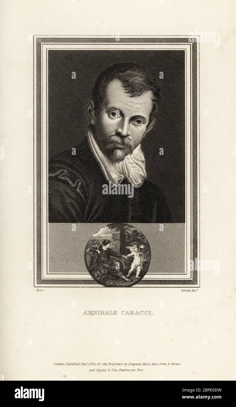 Portrait of Annibale Carracci, Italian painter and instructor, 1560-1609. Medallion shows Clytie and Cupid. Steel engraving by John Corner after a self portrait by Caracci from Portraits of Celebrated Painters with Medallions from their Best Performances, Longman Hurst, Rees, Orme & Brown, London, 1825. Stock Photo