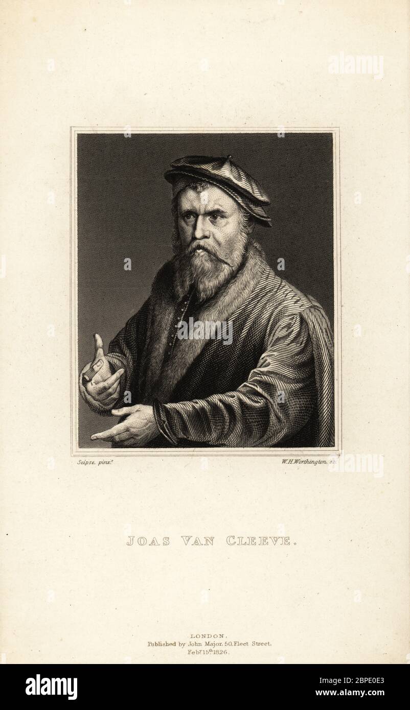 Portrait of Joos van Cleve, painter active in Antwerp, c.1485-1540. Joas van Cleeve. Steel engraving by William Henry Worthington after a self portrait by van Cleve from Horace Walpole's Anecdotes of Painting in England, published by John Major, 50 Fleet Street, London, 1826. Stock Photo