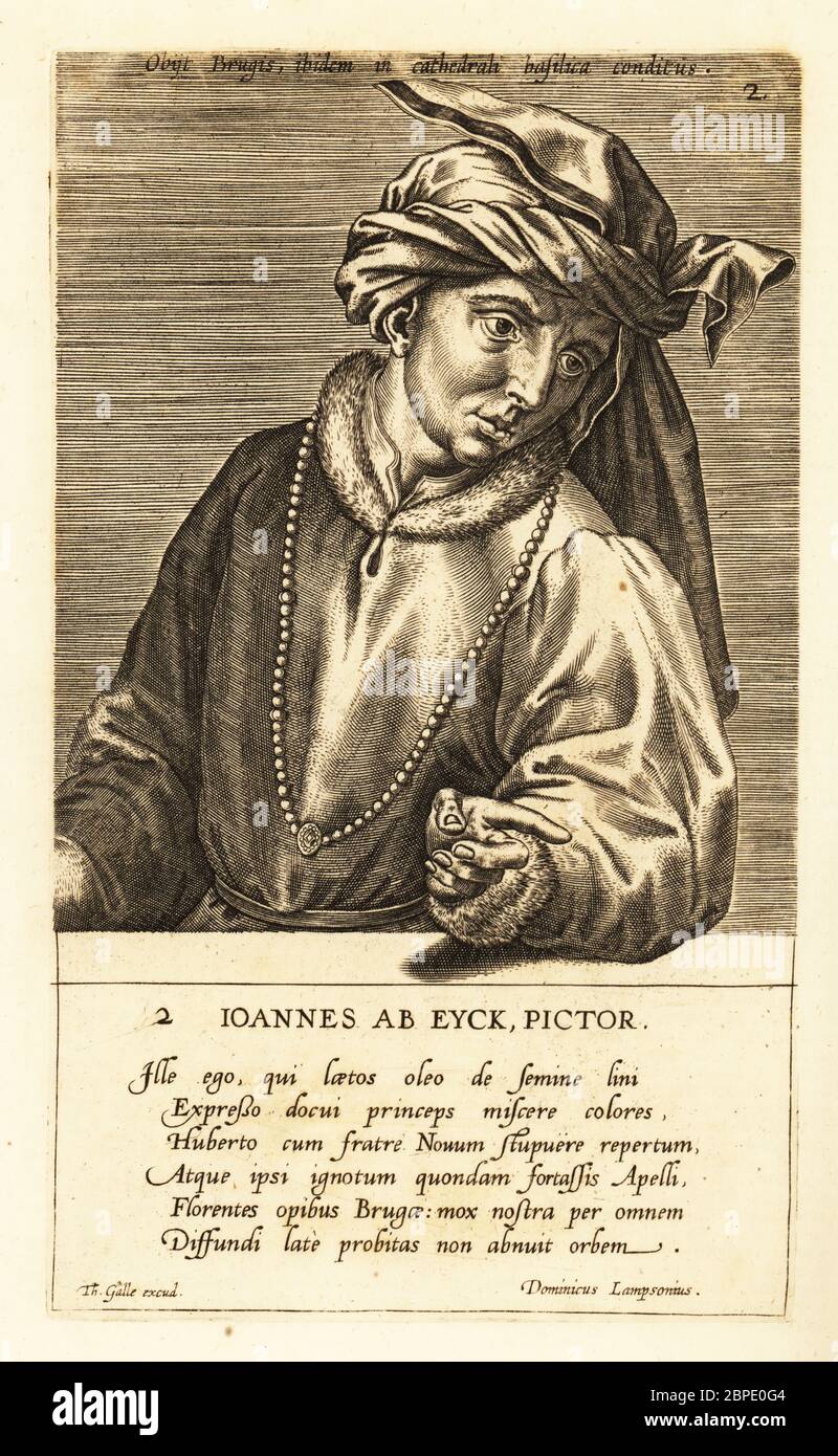 Portrait of Jan van Eyck, Netherlandish painter of Early Northern Renaissance art, 1390-1441, wearing a chaperon hat, fur-trimmed robe and long necklace. Joannes ab Eyck, Pictor. Copperplate engraving by  Johannes Wierix published by Theodoor Galle (third state) in Pictorum Aliquot Celebrium Germaniae Inferioris Effigies, Antwerp, 1600. Stock Photo