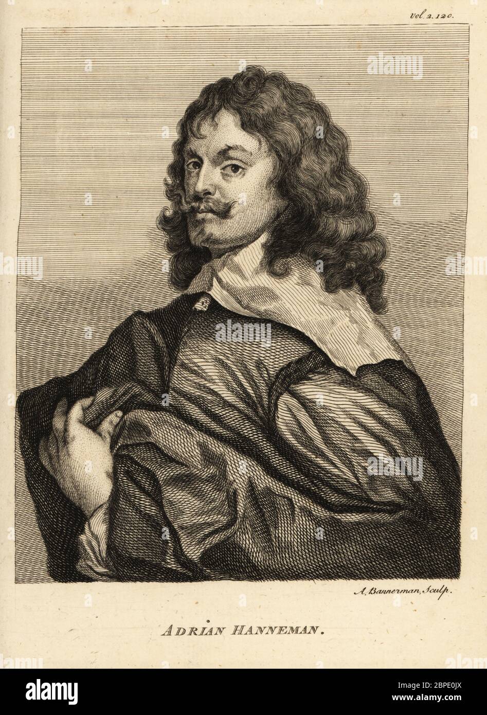 Portrait of Adriaen Hanneman, Dutch Golden Age painter best known for his portraits of the exiled British royal court, c.1603-1671. Adrian Hanneman. Copperplate engraving by Alexander Bannerman after a 1656 self-portrait by Hanneman from Horace Walpole’s Anecdotes of Painting in England, London, 1765. Stock Photo