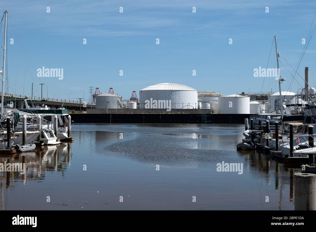 Crude oil and chemical storage tanks on the docks in Los Angeles harbor
