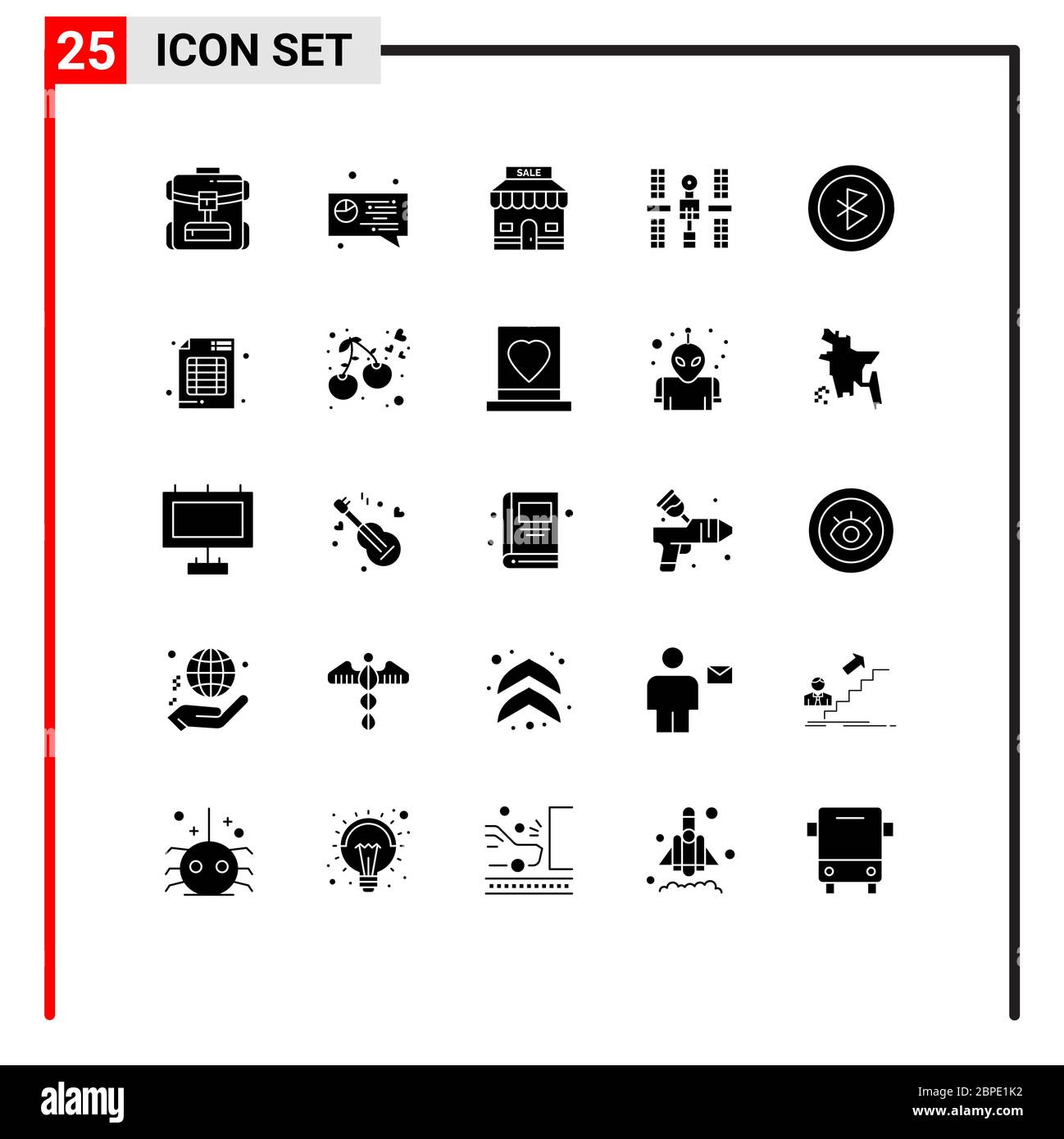 Mobile Interface Solid Glyph Set of 25 Pictograms of connection, space ...