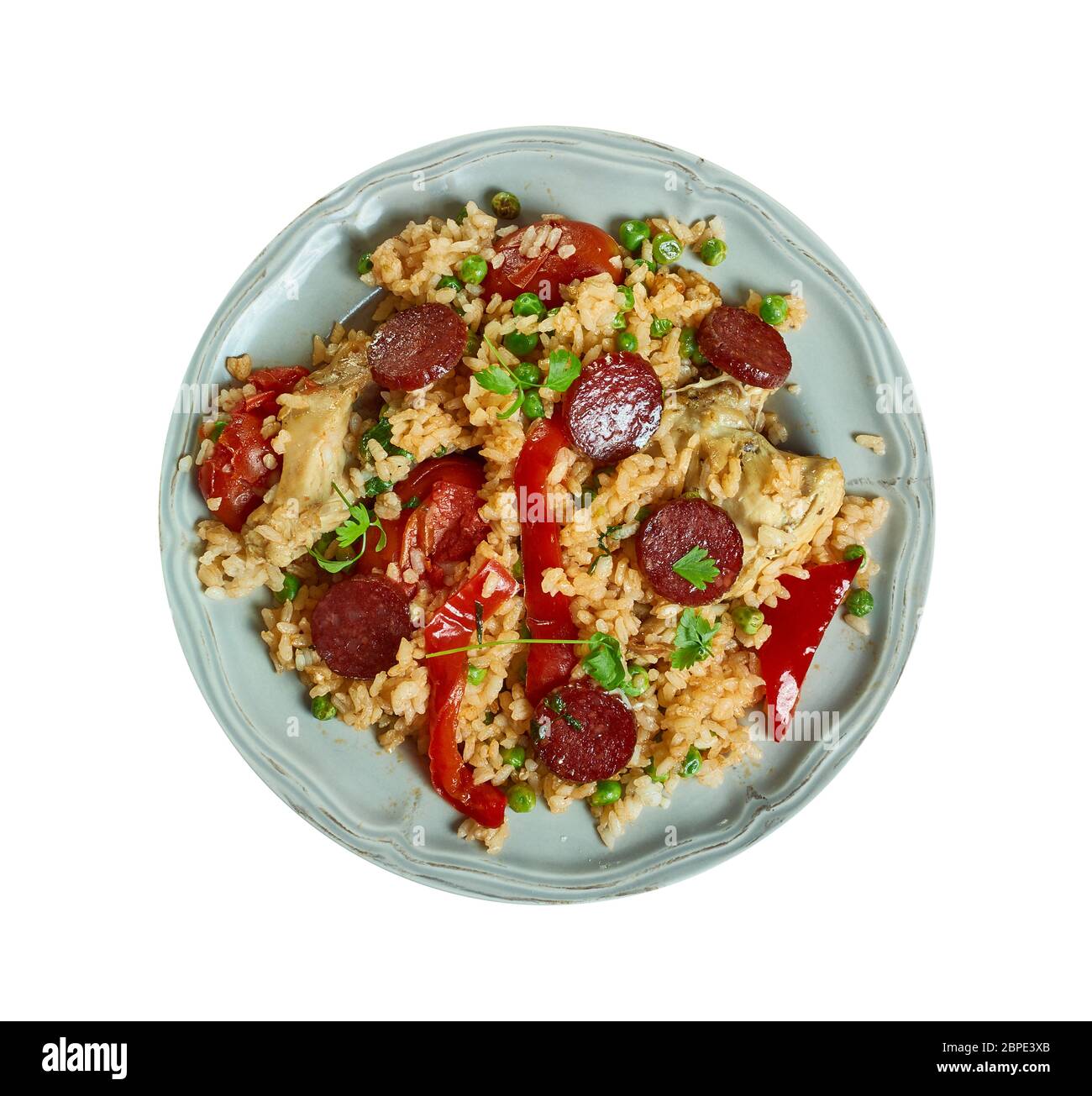 Chicken and  chorizo jambalaya,  Cajun-inspired rice pot recipe with spicy Spanish sausage, sweet peppers and tomatoes. Stock Photo