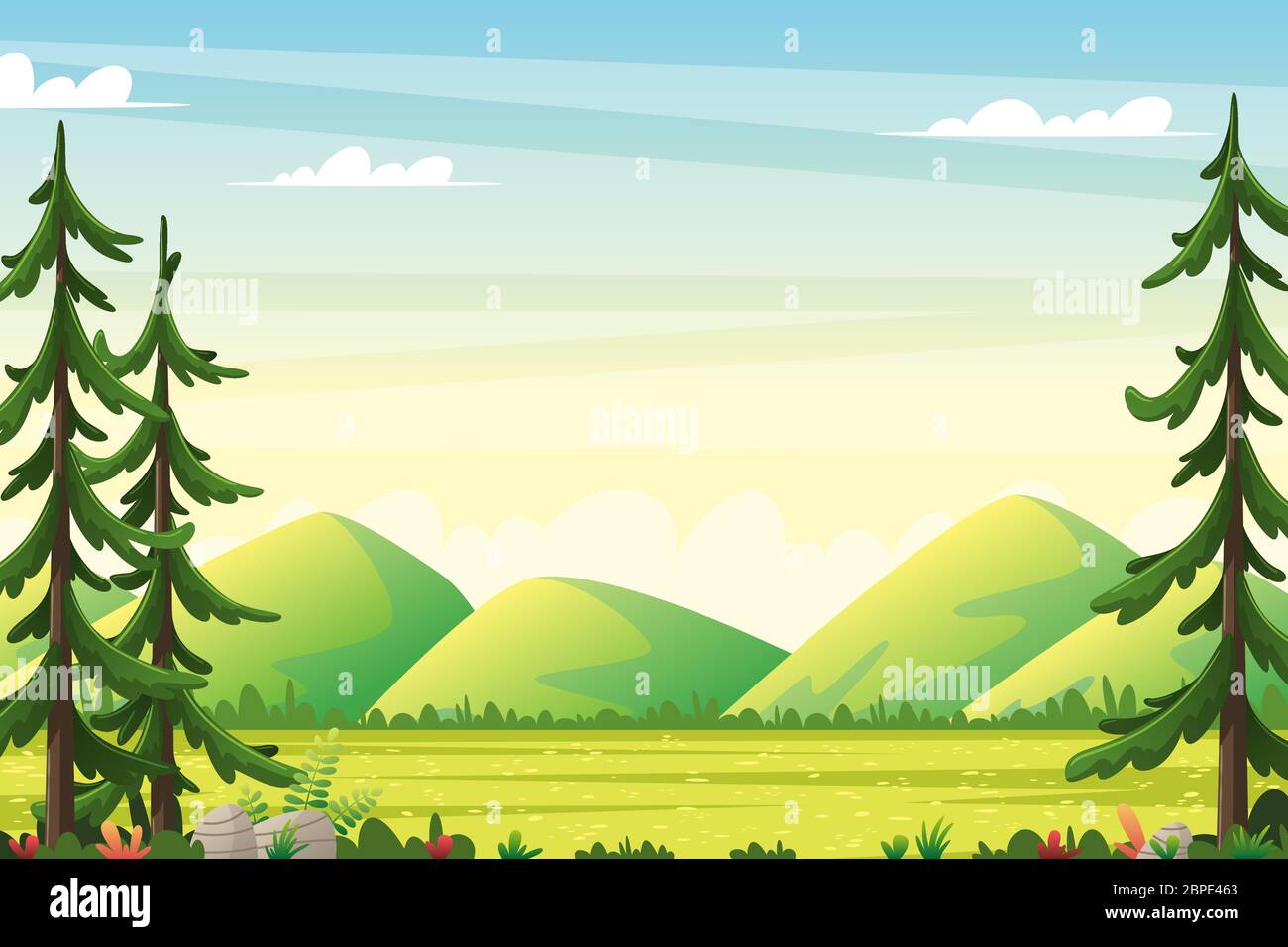 Rural summer landscape with moutains. Vector illustration with separate layers. Stock Vector