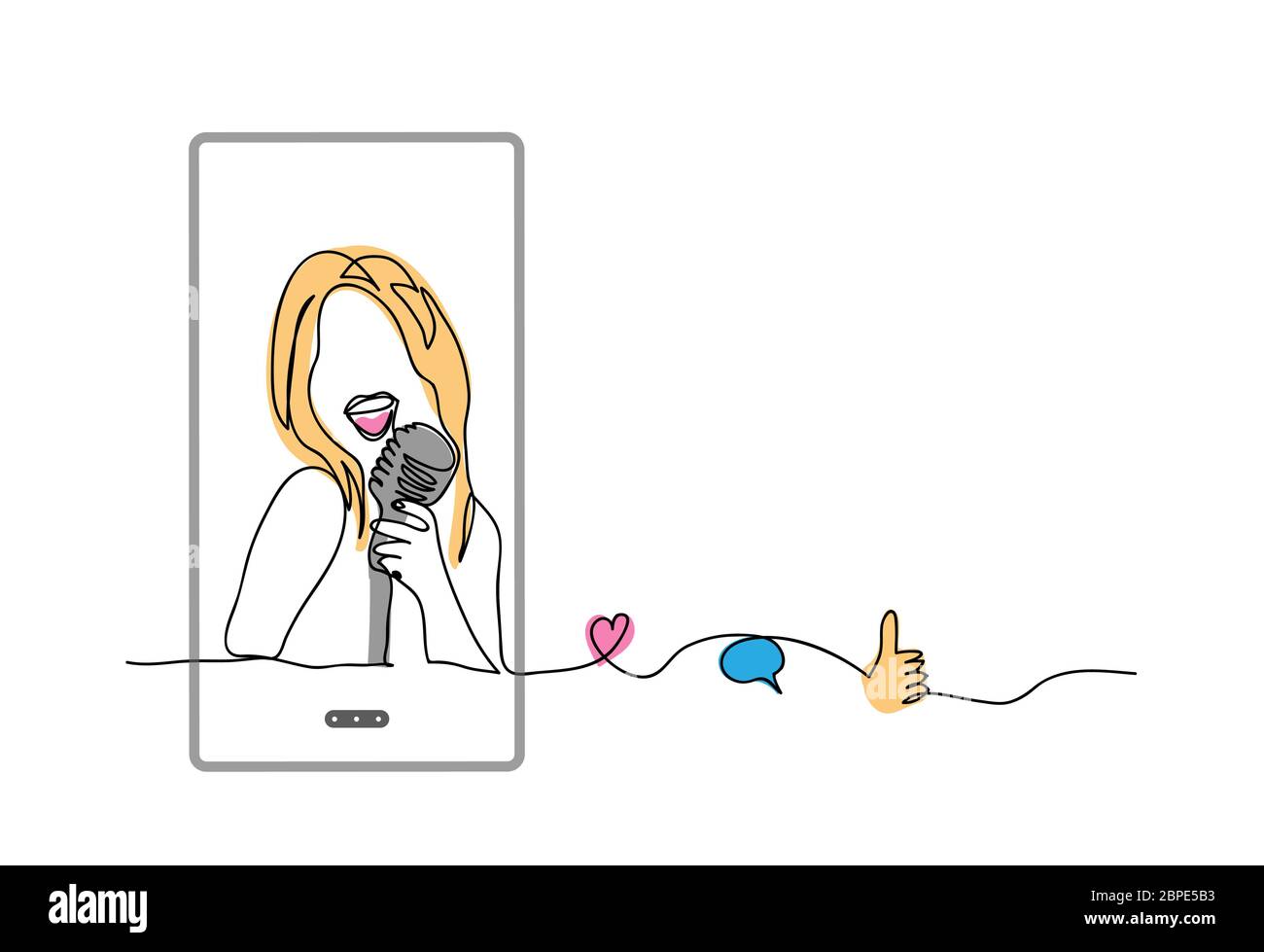 Girl sing on microphone, karaoke. Simple vector illustration, background. Social media influencer, cover song singer. Karaoke media concept with phone Stock Vector