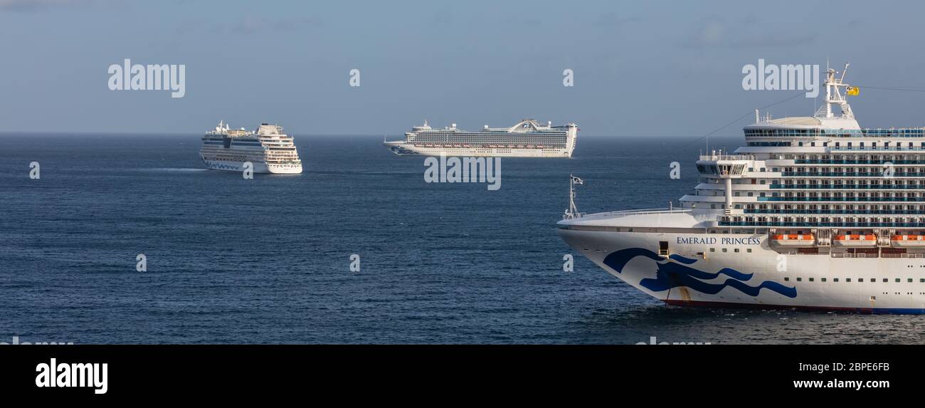 Emerald Princess Cruise Ship Anchored Next To Barbados View Of The Ship S Bow With Caribbean Princess And Aida Luna Cruise Ships In The Background Stock Photo Alamy