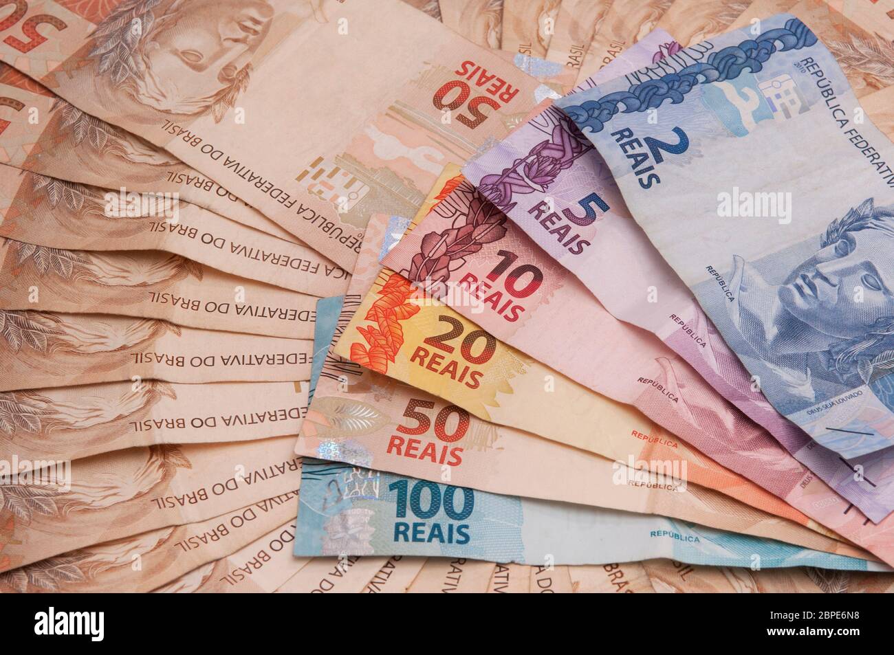 A few bills of brazilian currency (real) Stock Photo
