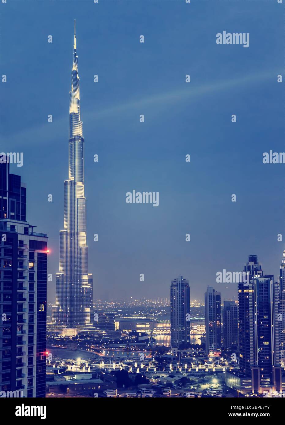 DUBAI, UAE - JANUARY 28: Burj Khalifa, world's tallest tower at 828m, located at Downtown, Burj Khalifa at night January 28, 2013 in Dubai, United Ara Stock Photo