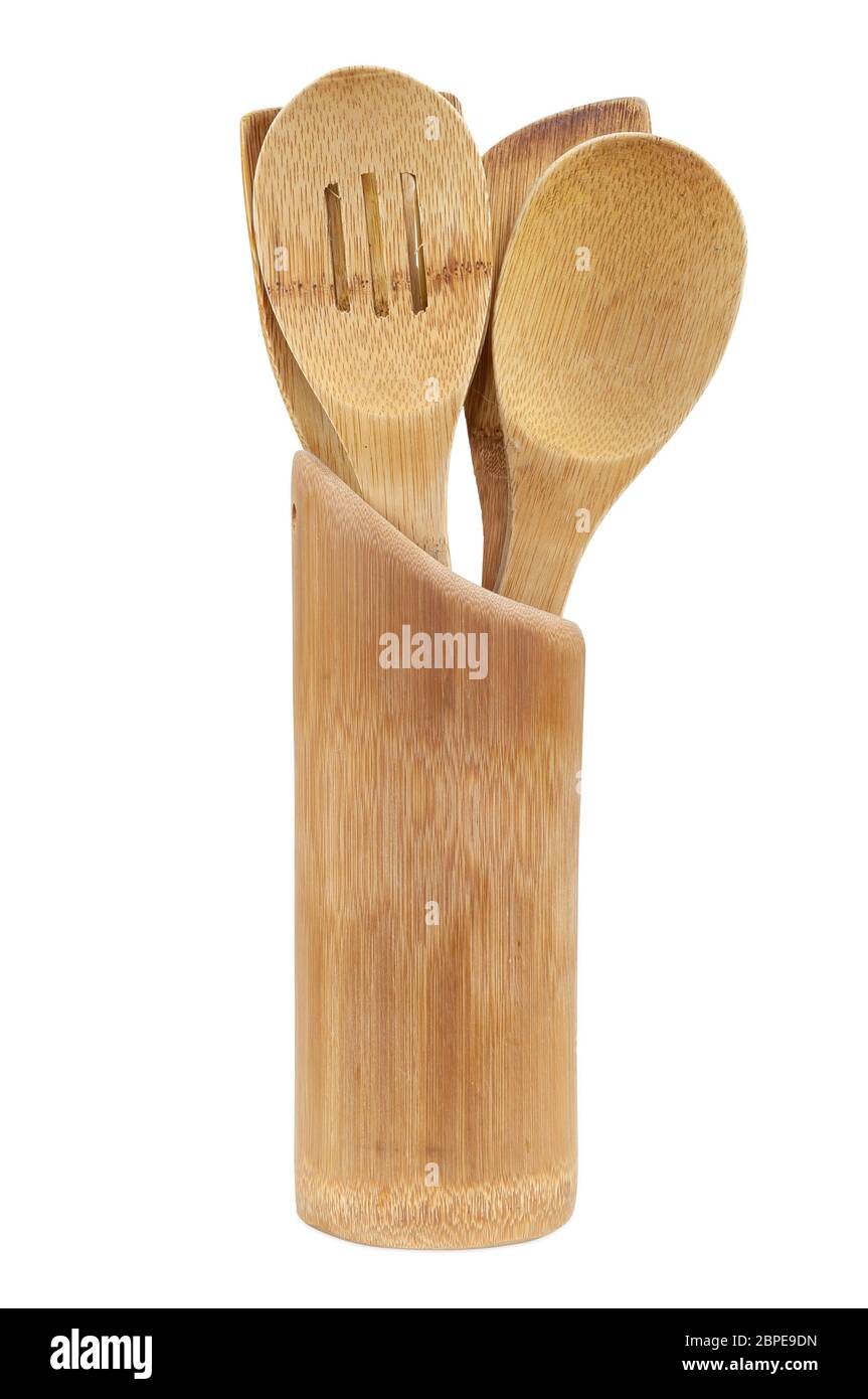 Set of wooden kitchen utensils isolated on white background with ...