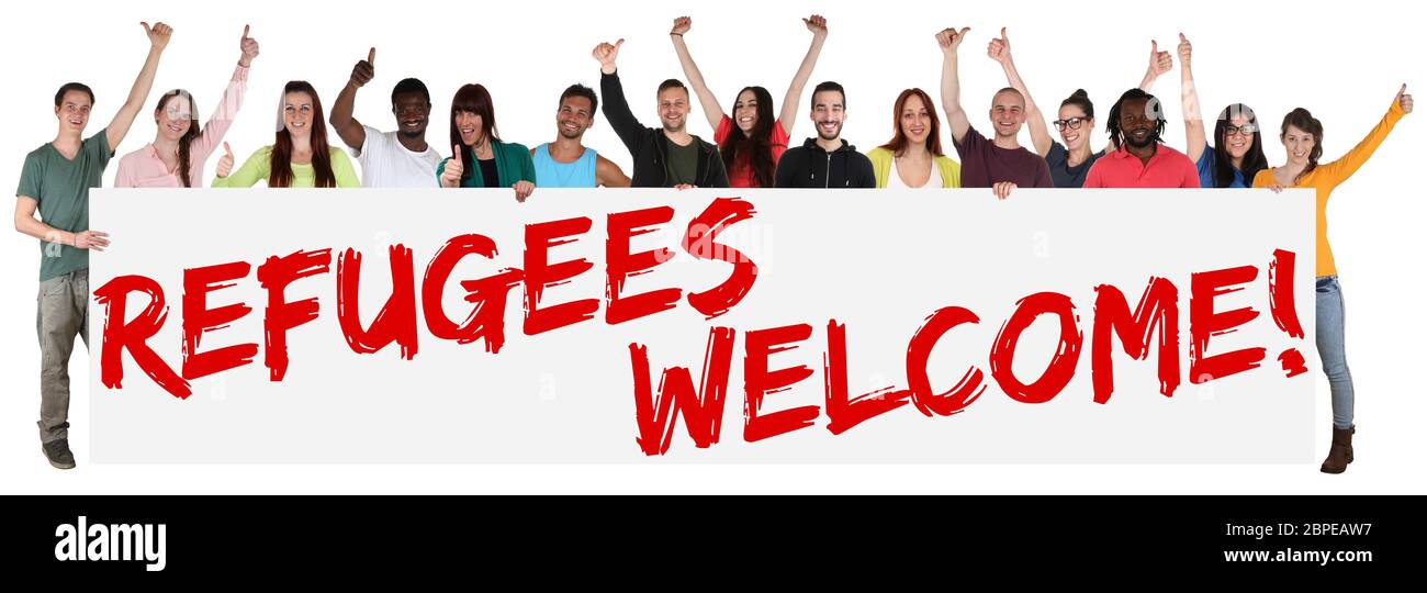 Refugees welcome Flüchtlinge willkommen Willkommenskultur Menschen Freisteller Stock Photo