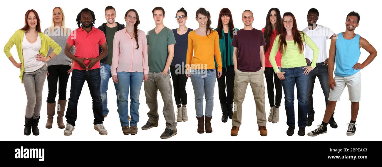 Lachen glücklich multikulturell Gruppe junge Menschen freigestellt Stock Photo