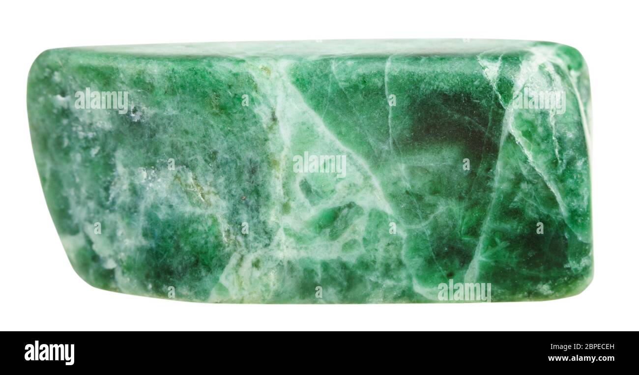 macro shooting of natural gemstone - tumbled green jadeite mineral gem stone isolated on white background Stock Photo