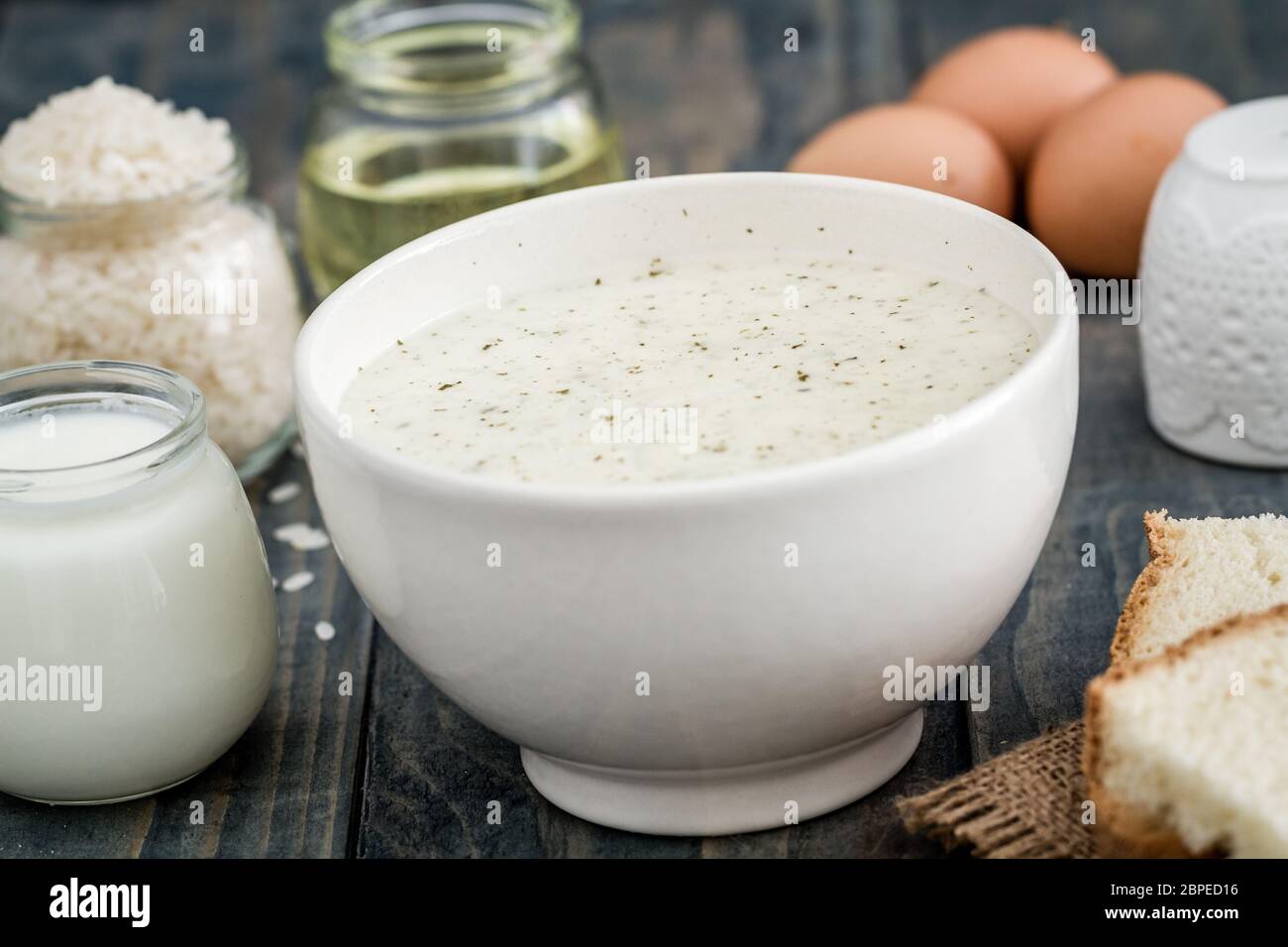 Traditional Turkish food, yoghurt soup, decorated with ingredients like