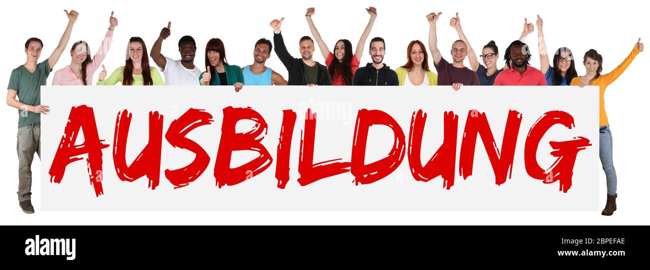 Ausbildung Jugendliche multikulturell Gruppe junge Leute People halten Schild Freisteller Stock Photo