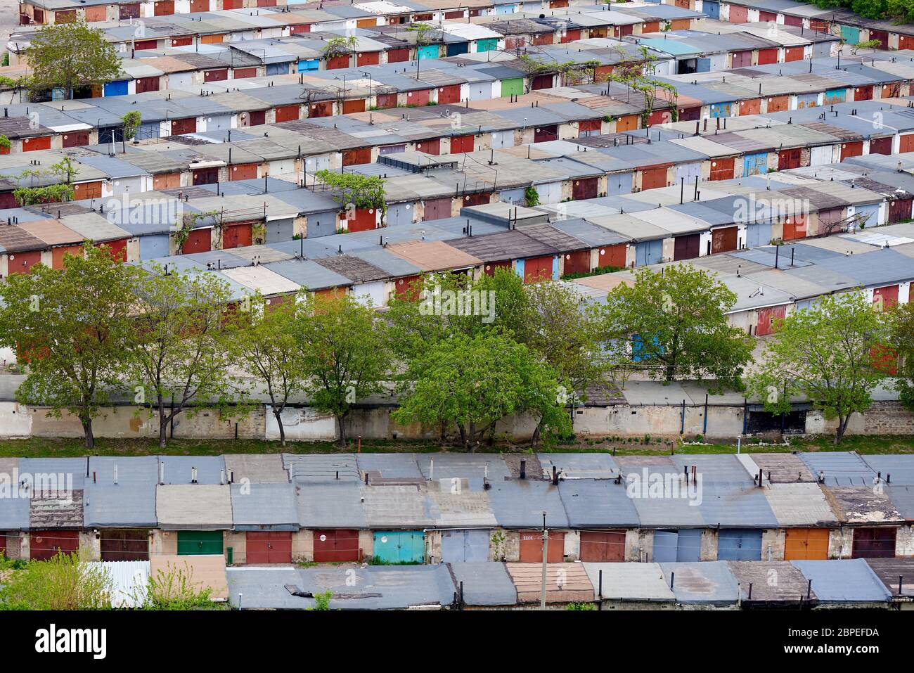 Aerial view of cooperative garages for car parking in the city Stock