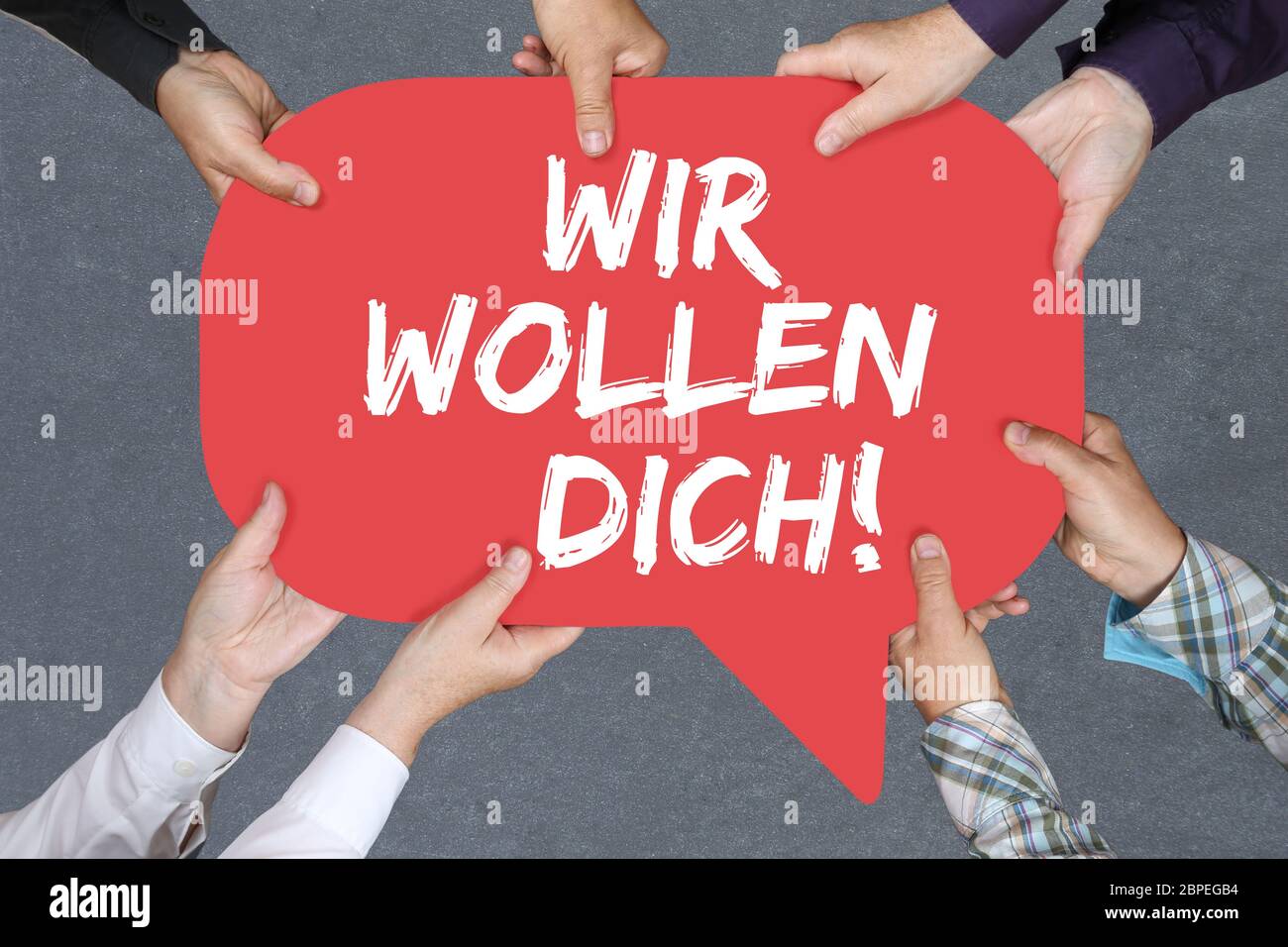 Gruppe Menschen halten mit Hände Anstellung Arbeit Business Konzept Job Jobs Bewerbung bewerben Mitarbeiter suchen Stock Photo