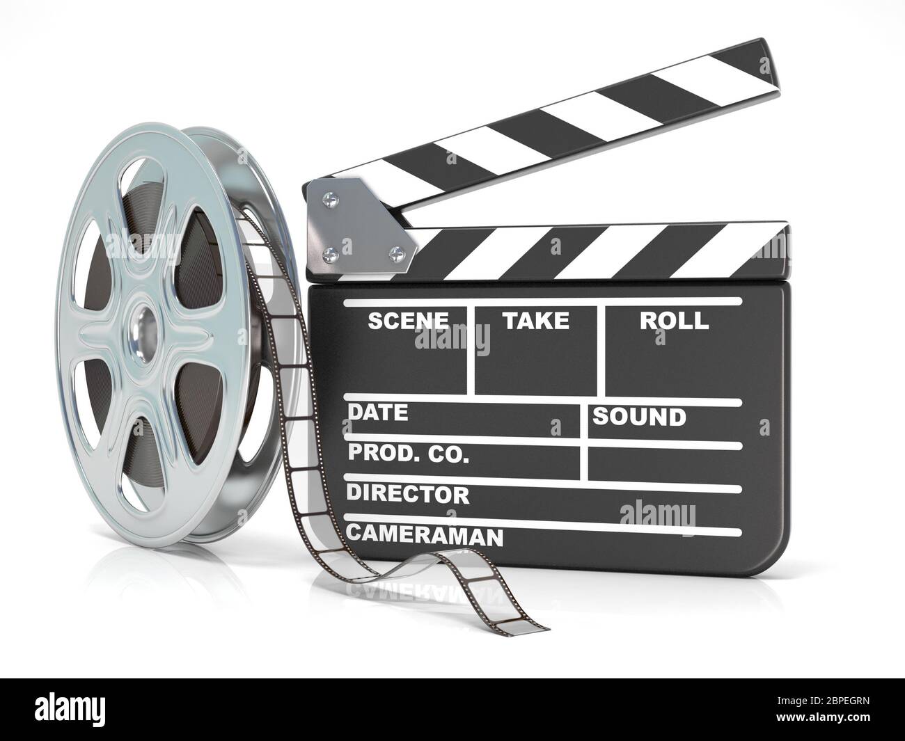 Film reel and movie clapper board. Video icon. 3D render illustration