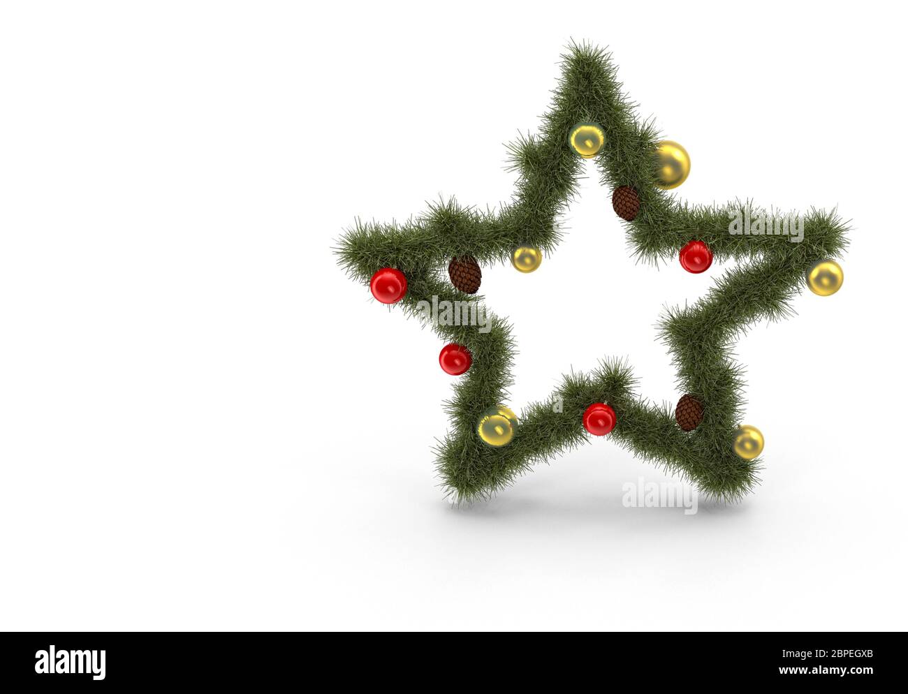 Christmas holiday star from branches of spruce and shiny balls. Presented on a white background. 3D rendering Stock Photo