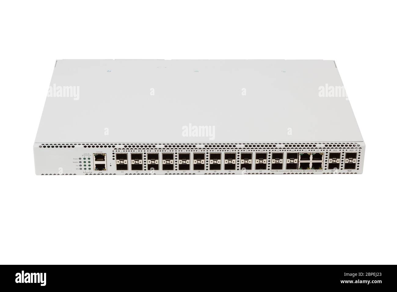 Fiber optic gigabit ethernet switch with SFP module slot and UTP category 5 connectors RJ-45 isolated on white background Stock Photo