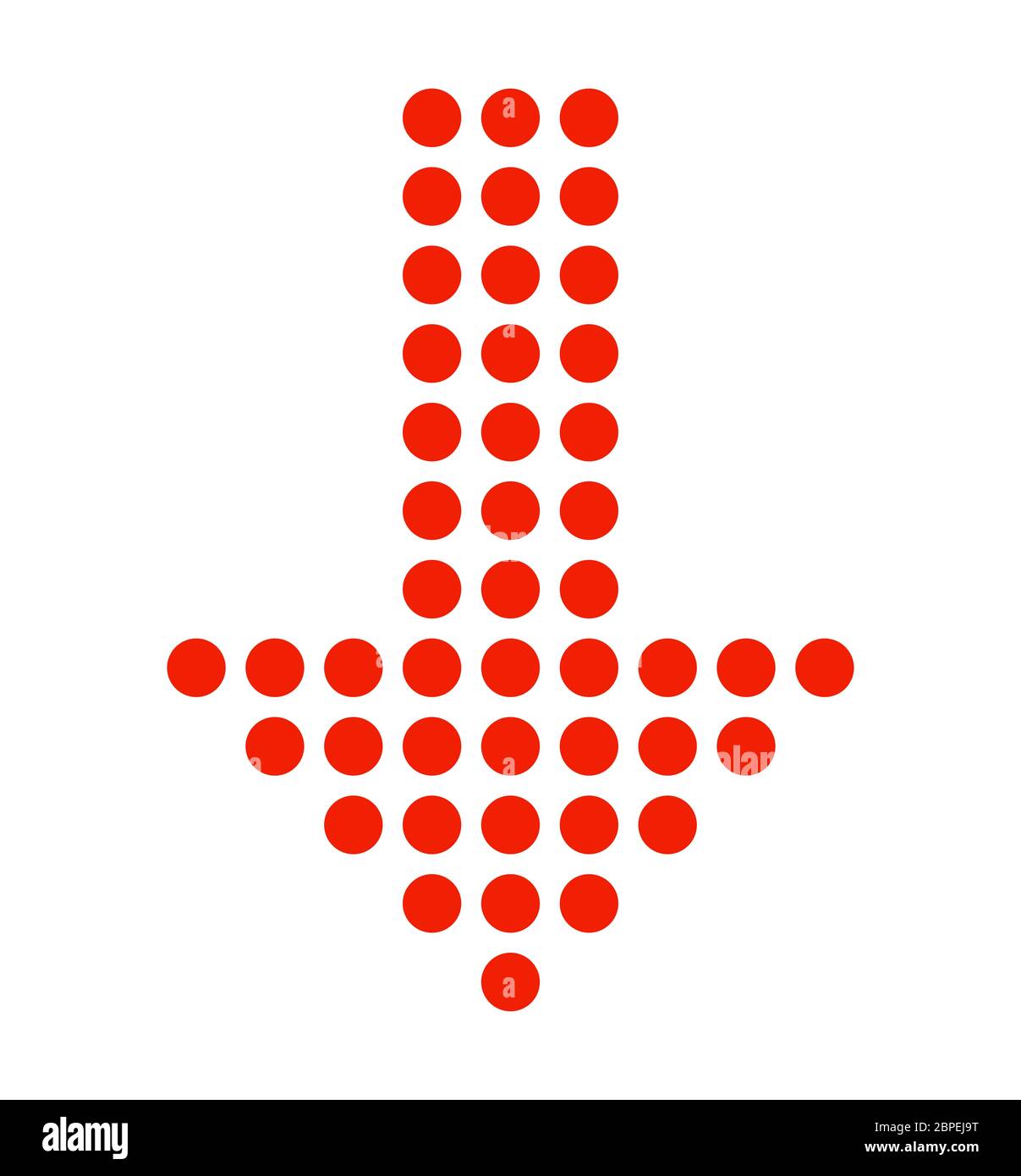 Isoliertes gepunktetes minimalistisches Pfeil Symbol nach unten aus roten Punkten Stock Photo