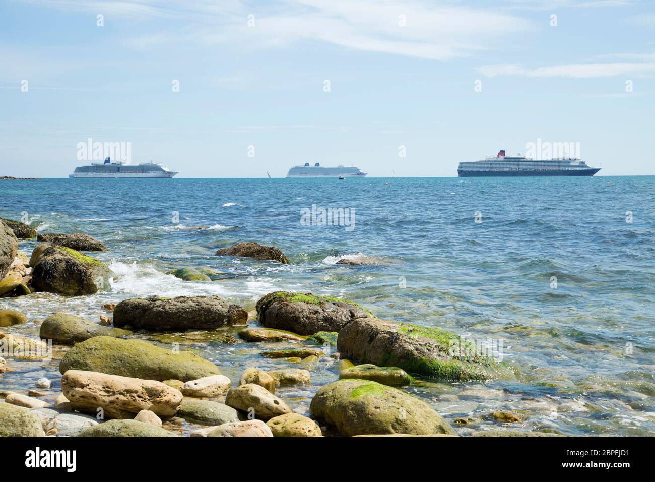 cruise ships in Weymouth bay during UK Lockdown 2020 Stock Photo