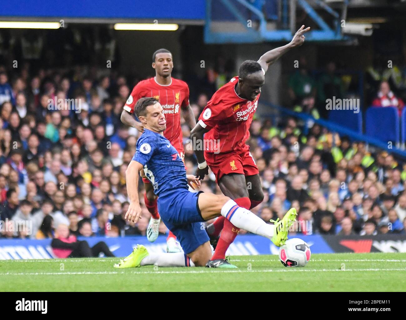 LONDON, ENGLAND - SEPTEMBER 22, 2019: Cesar Azpilicueta of Chelsea (L) and Sadio Mane of Liverpool (R) pictured during the 2019/20 Premier League game between Chelsea FC and Liverpool FC at Stamford Bridge. Stock Photo