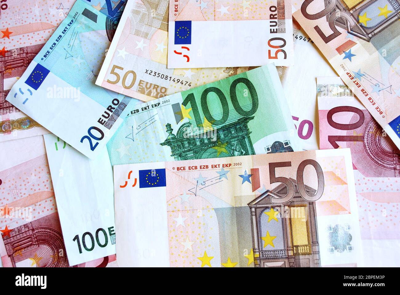 many different Euro banknotes in all colors Stock Photo