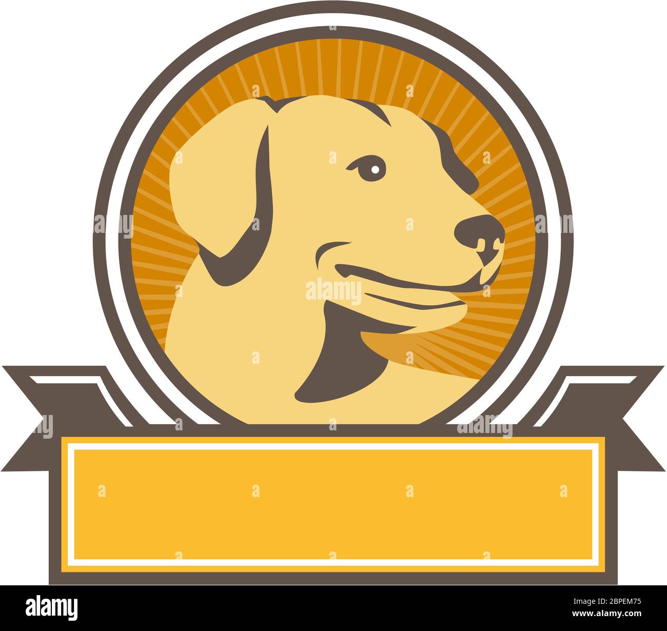 Illustration of a yellow labrador golden retriever dog head looking to the side viewed from front set inside circle with sunburst in the background do Stock Photo
