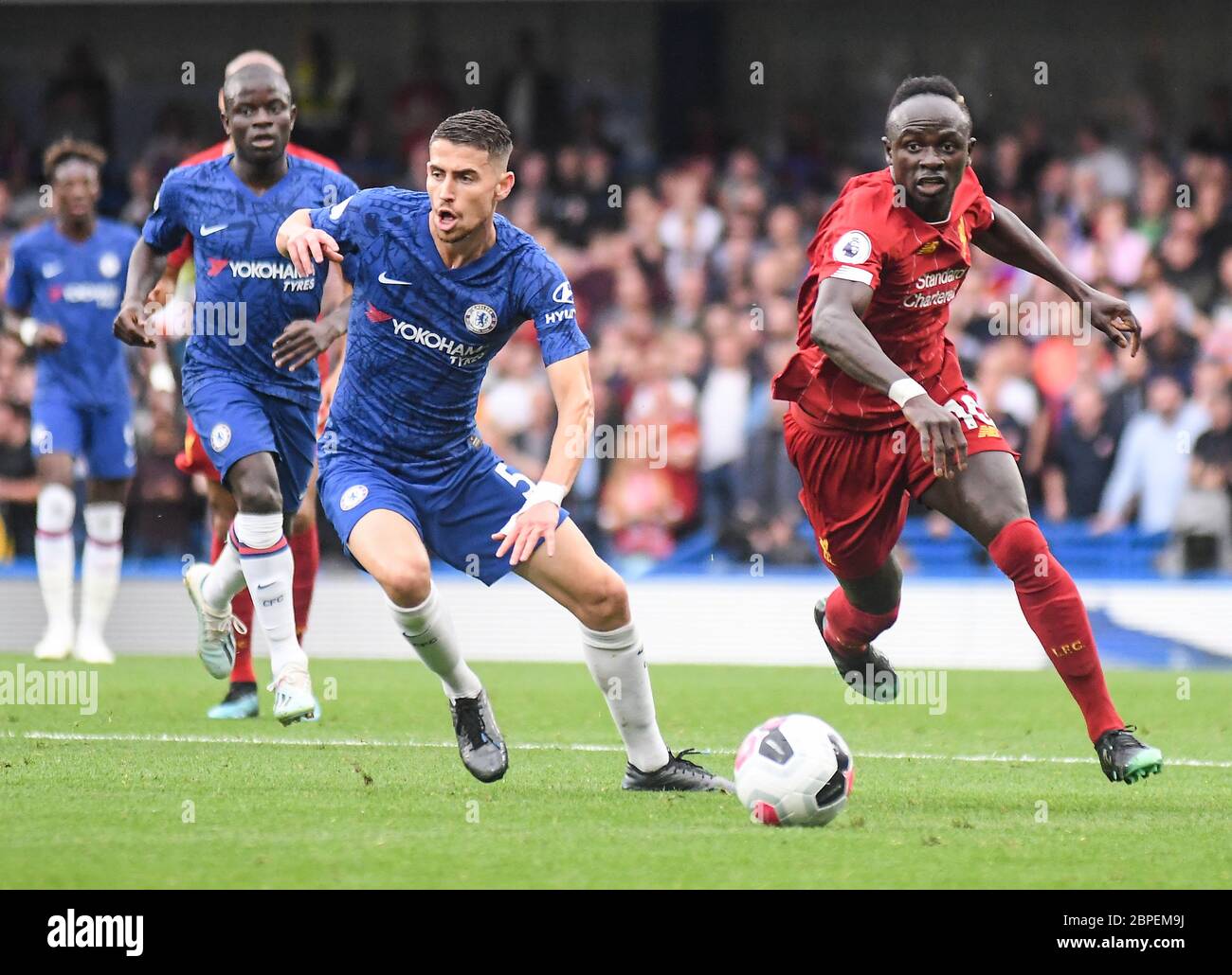 LONDON, ENGLAND - SEPTEMBER 22, 2019: Jorge Luiz Frello Filho (Jorginho) of Chelsea (L) and Sadio Mane of Liverpool (R) pictured during the 2019/20 Premier League game between Chelsea FC and Liverpool FC at Stamford Bridge. Stock Photo