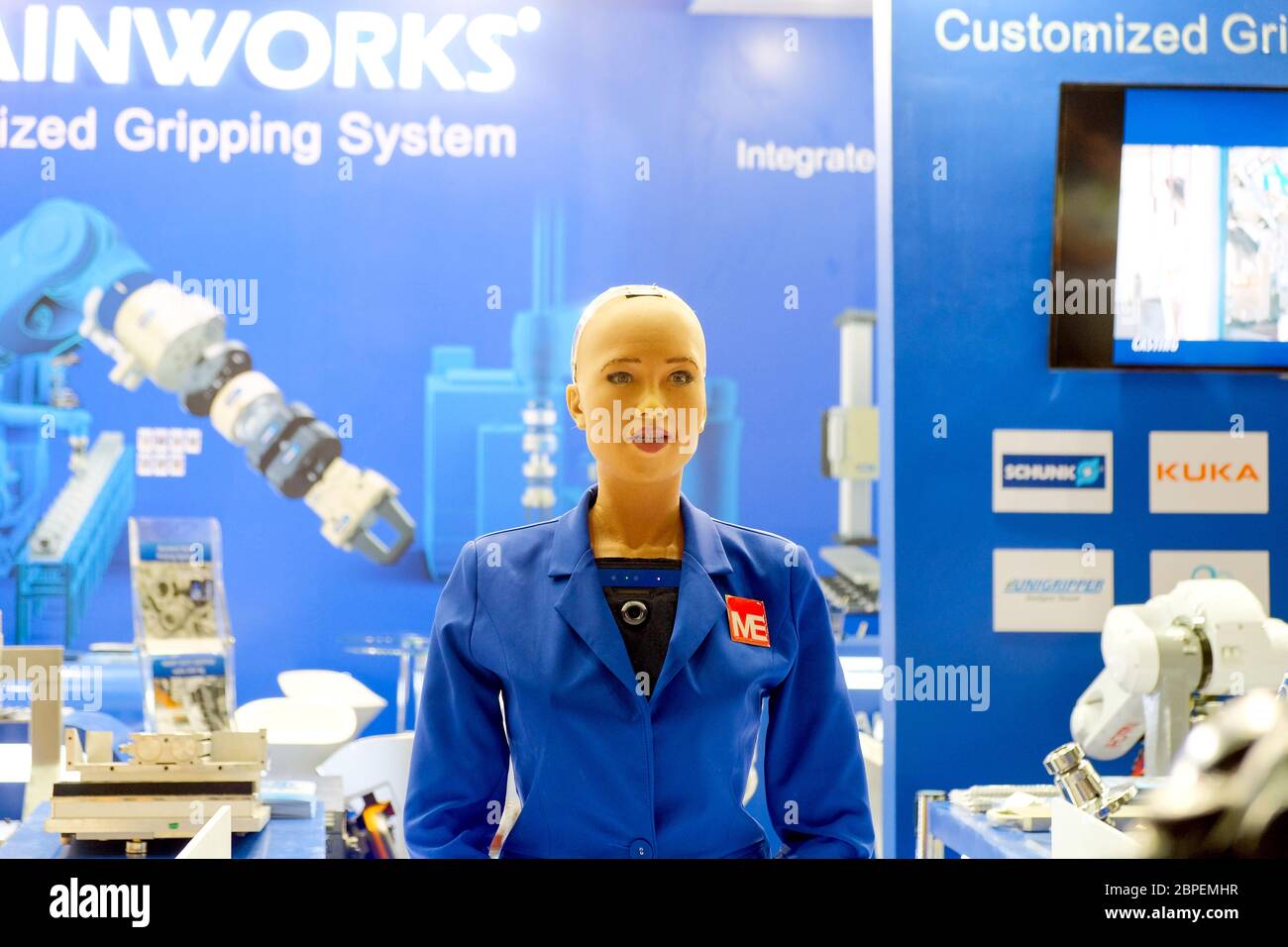 Bangkok-Thailand JUN 22 2018: Sophia robot on blue engineer shirt, she has came show in Manufacturing Expo at Bitec Bangna, Bangkok,Thailand Stock Photo