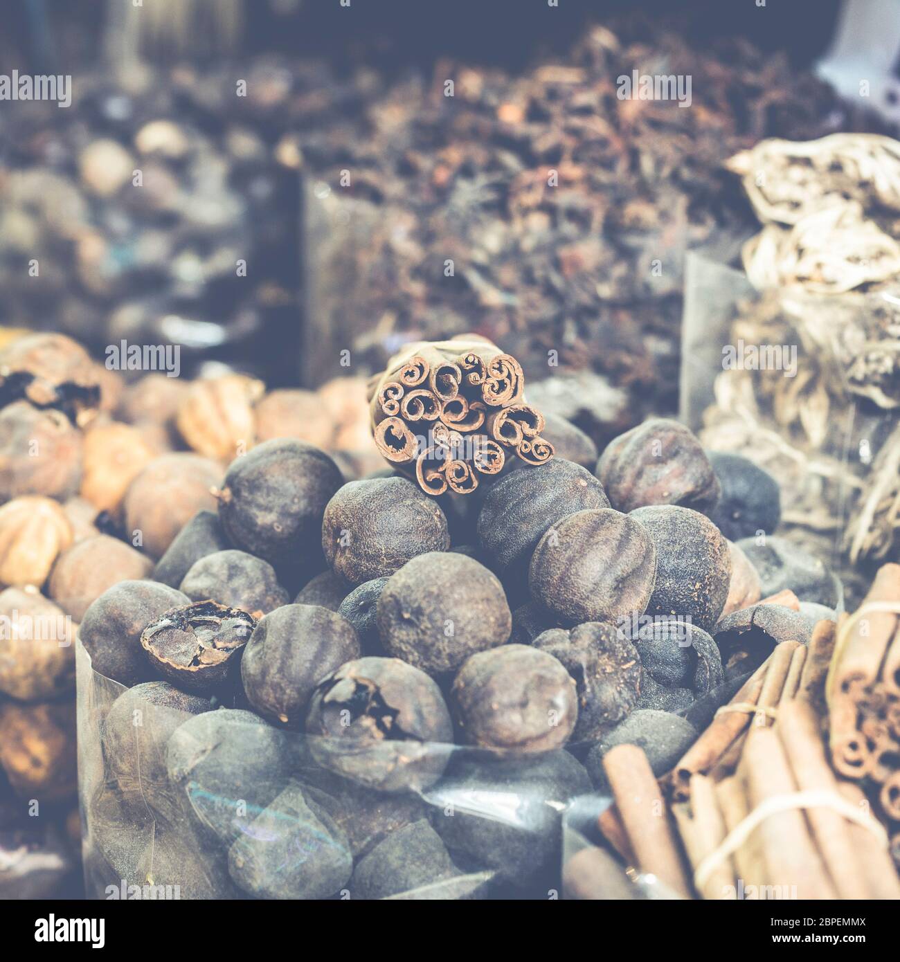 Dried herbs, flowers and arabic spices in the souk at Deira in Dubai