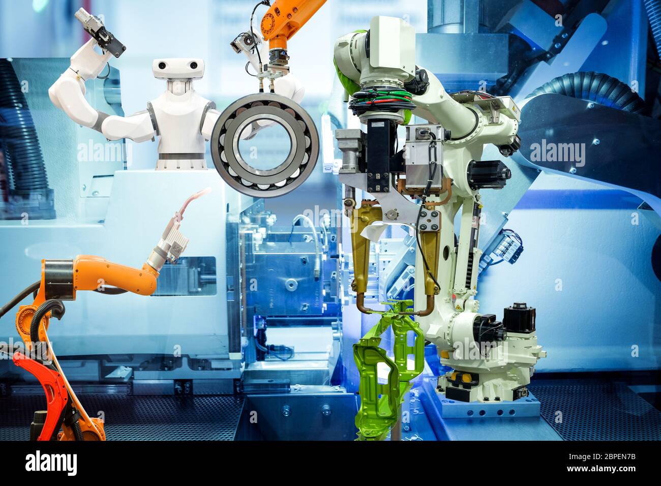 Industrial robotics welding, robotics gripping and smart robot working with auto part of vehicle on smart factory, industry 4.0 concept Stock Photo