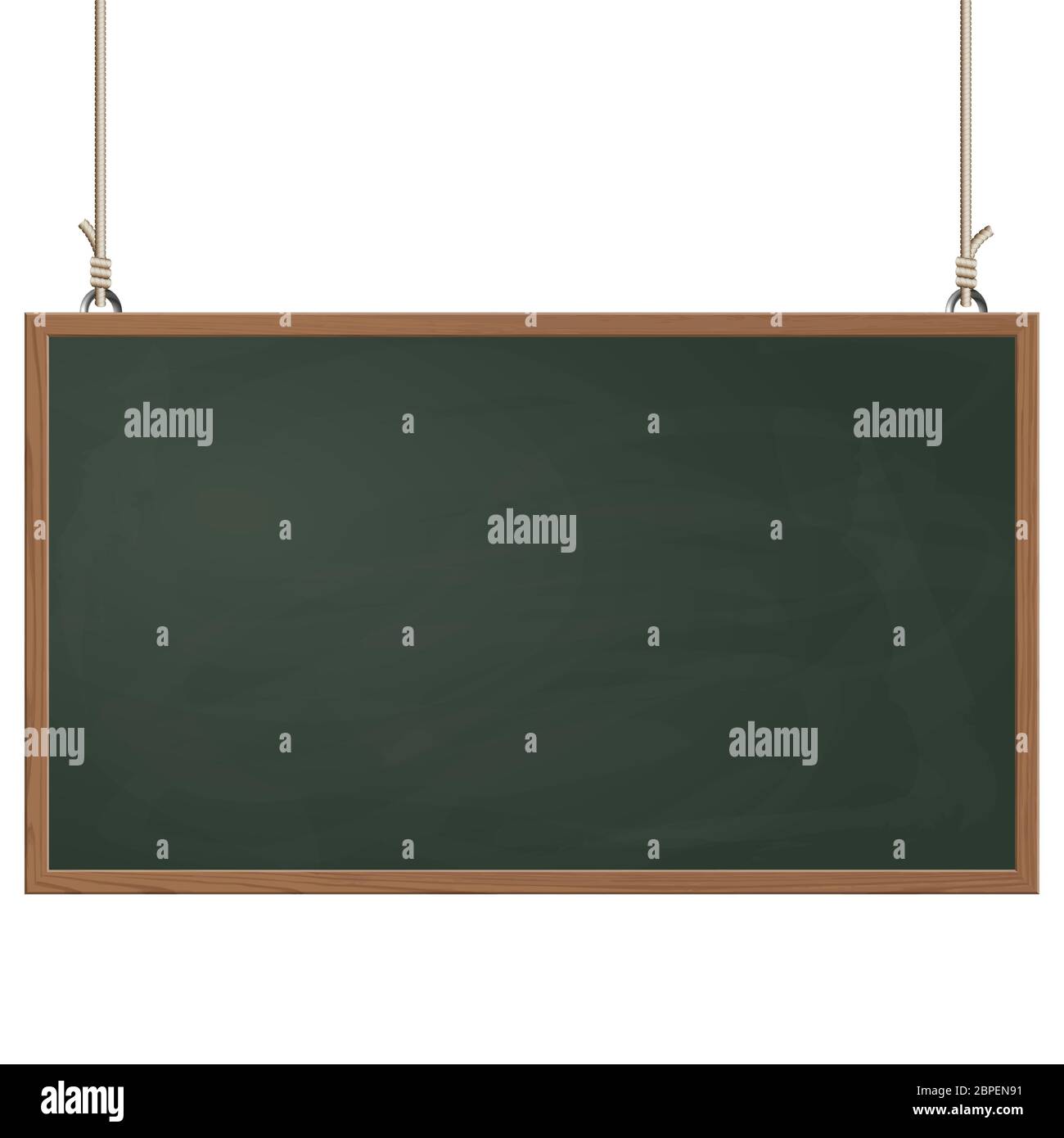 blank black board with wooden frame hanging on ropes Stock Photo