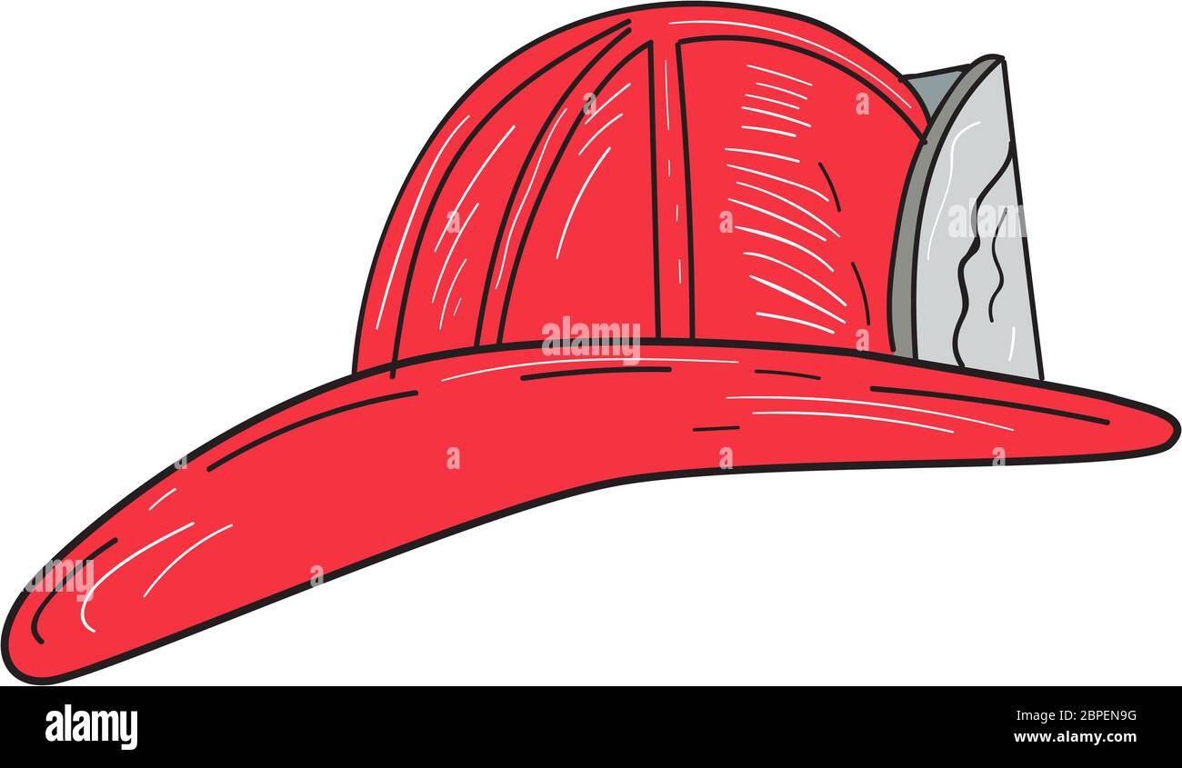 Drawing sketch style of a vintage fireman fire fighter helmet viewed from the side set on isolated white background. Stock Photo