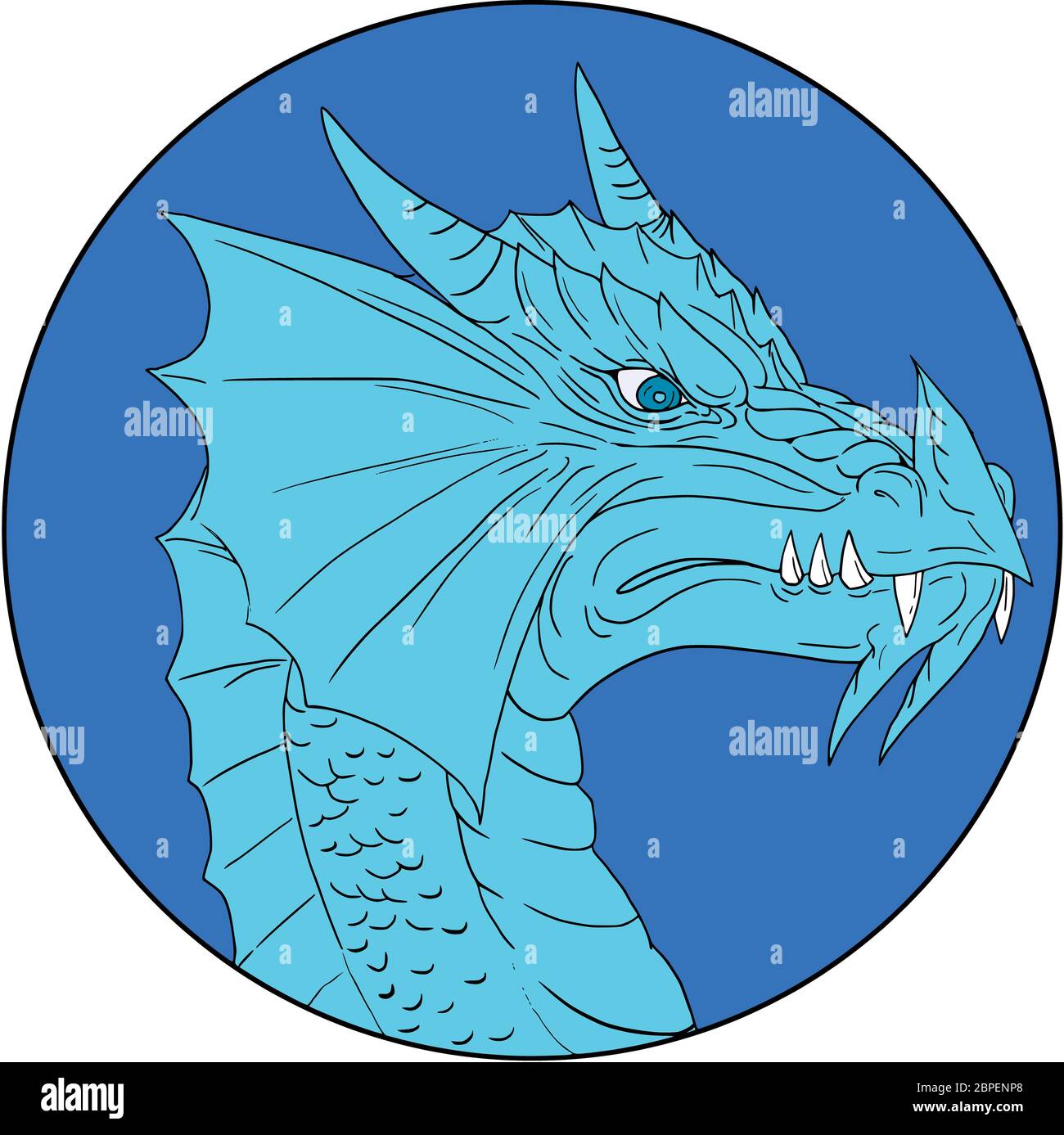 Drawing sketch style illustration of a head of an angry blue dragon viewed from the side set inside circle on isolated background. Stock Photo