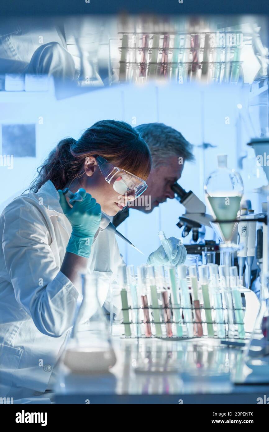 Health care researchers working in life science laboratory. Young female research scientist and senior male supervisor preparing and analyzing microsc Stock Photo