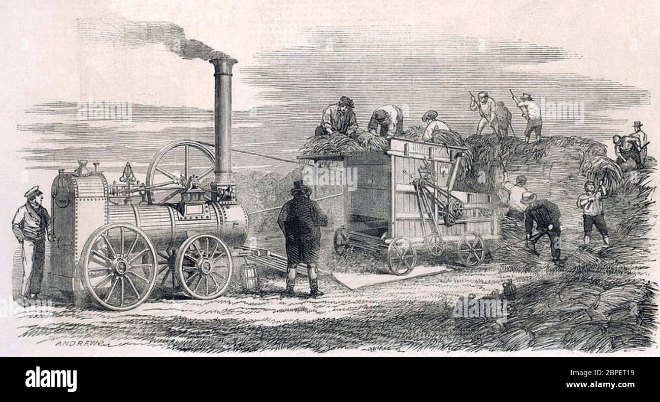 RICHARD HORNSBY (1790-1864)  One of the English inventor's portable 2-cylinder steam powered engines powering a threshing machine at harvest time about 1852 Stock Photo
