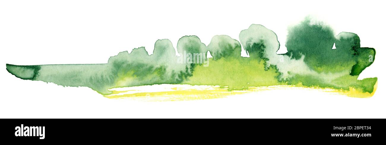 abstract green watercolor painting showing a landscape with bushes and trees Stock Photo