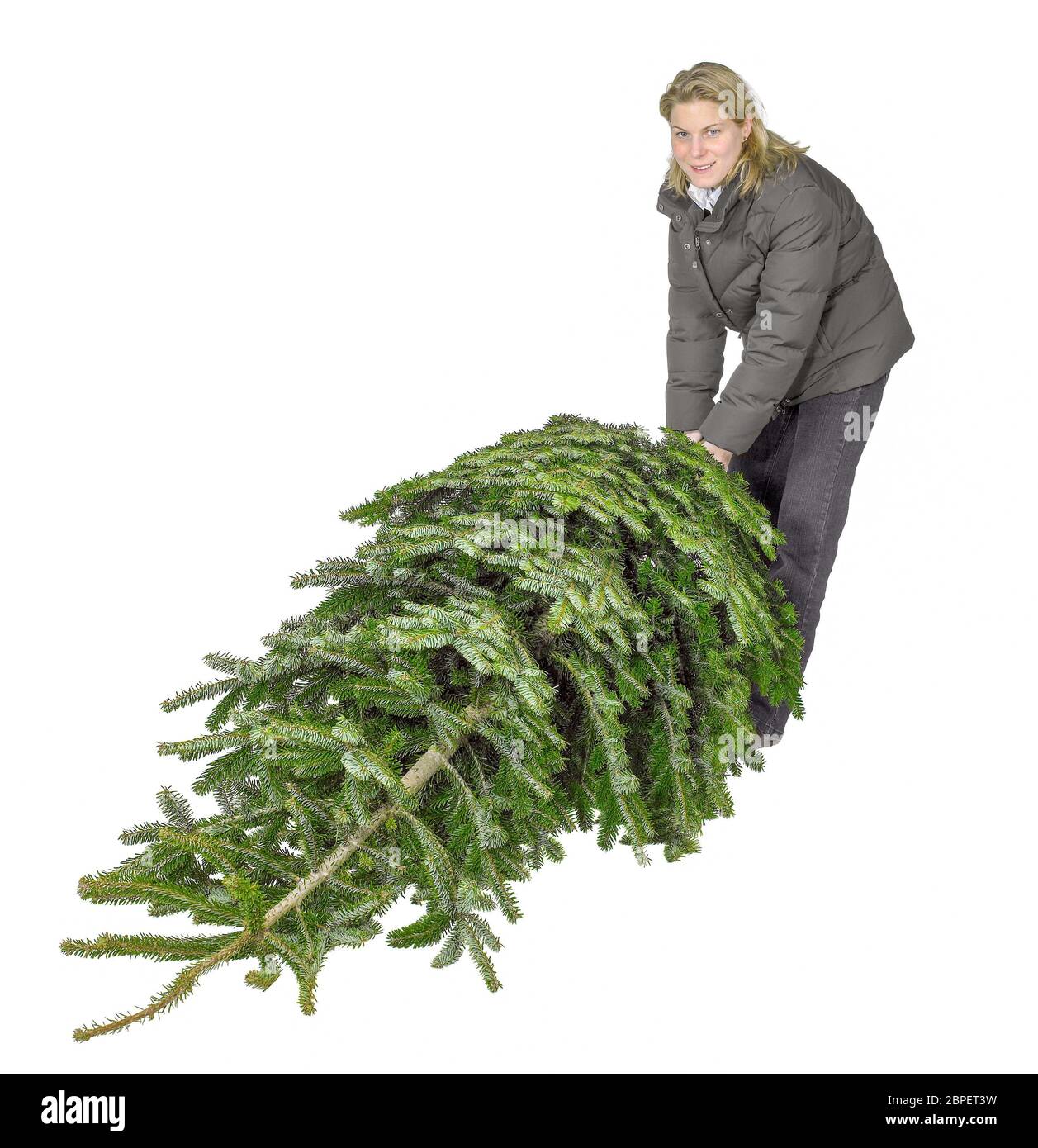young woman pulling a christmas tree isolated in white back Stock Photo