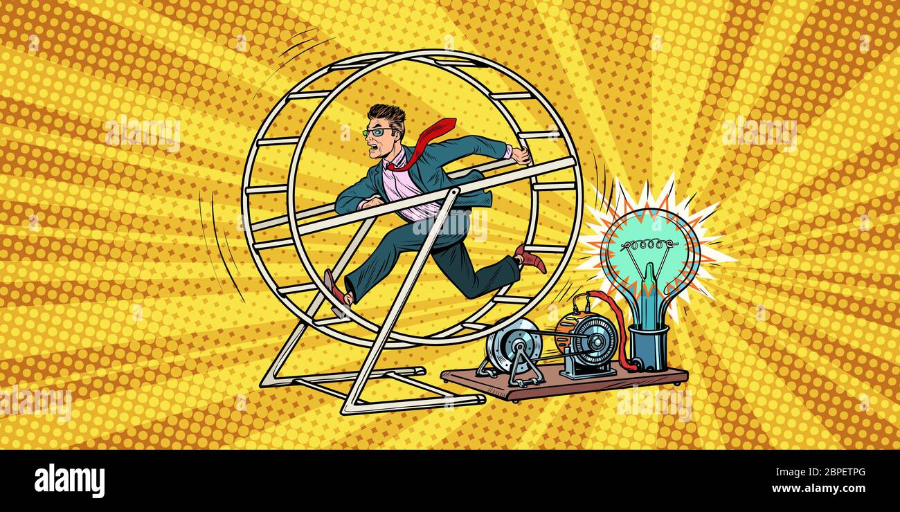 businessman in a squirrel wheel. Pop art retro comic book vector illustration Stock Photo