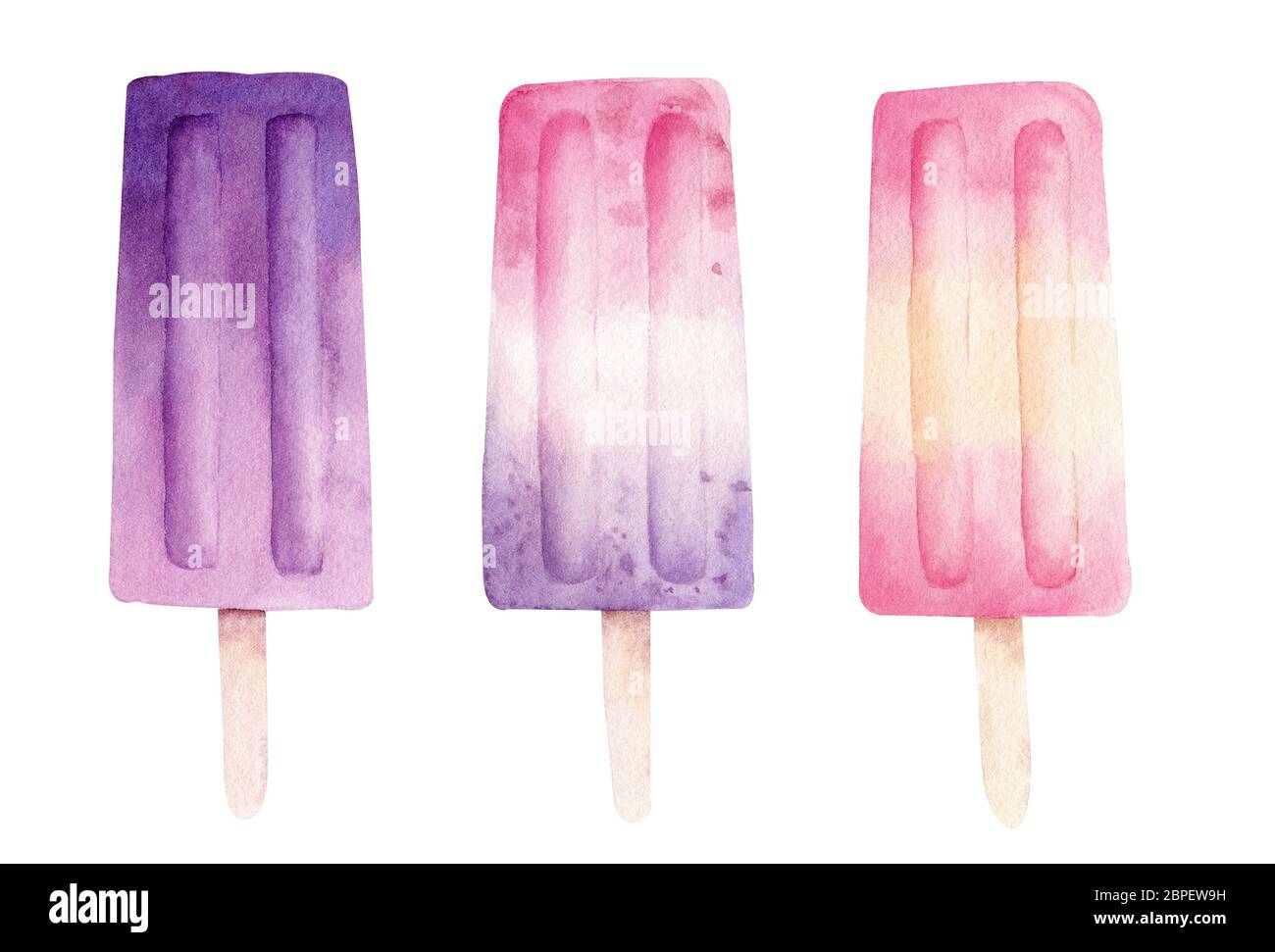 Summer Popsicles Flavored Ice Isolated On White Background Watercolor Hand Painted Ice Cream Clipart Lollipop Stick Illustration Stock Photo Alamy