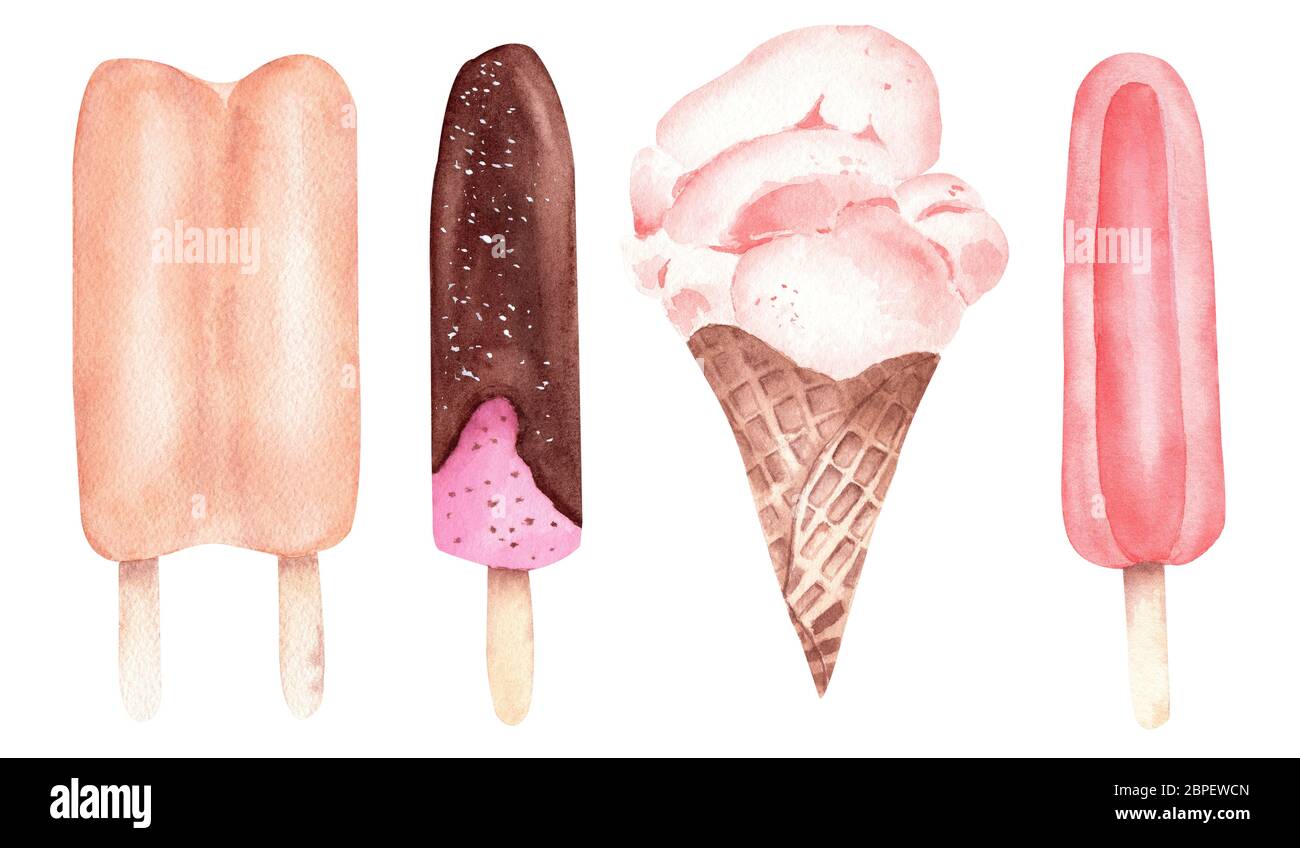 Watercolor Summer Popsicles Stick And Cone Ice Cream Clipart Isolated On White Background Hand Drawn Illustration Stock Photo Alamy