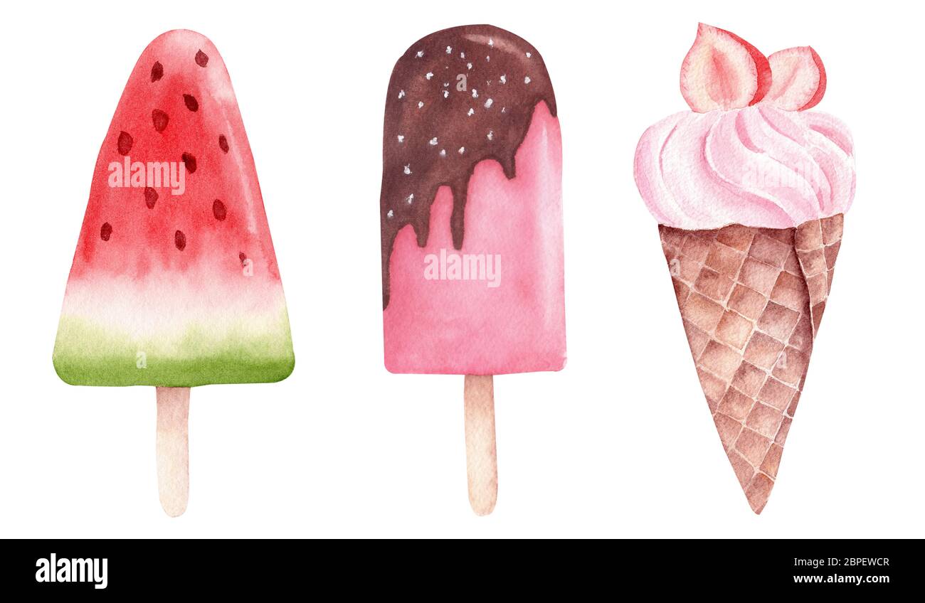 Watercolor Watermelon Popsicle Lollipop Stick And Cone Strawberry Ice Cream Clipart Isolated On White Background Summer Sweet Food Graphic Elements Stock Photo Alamy