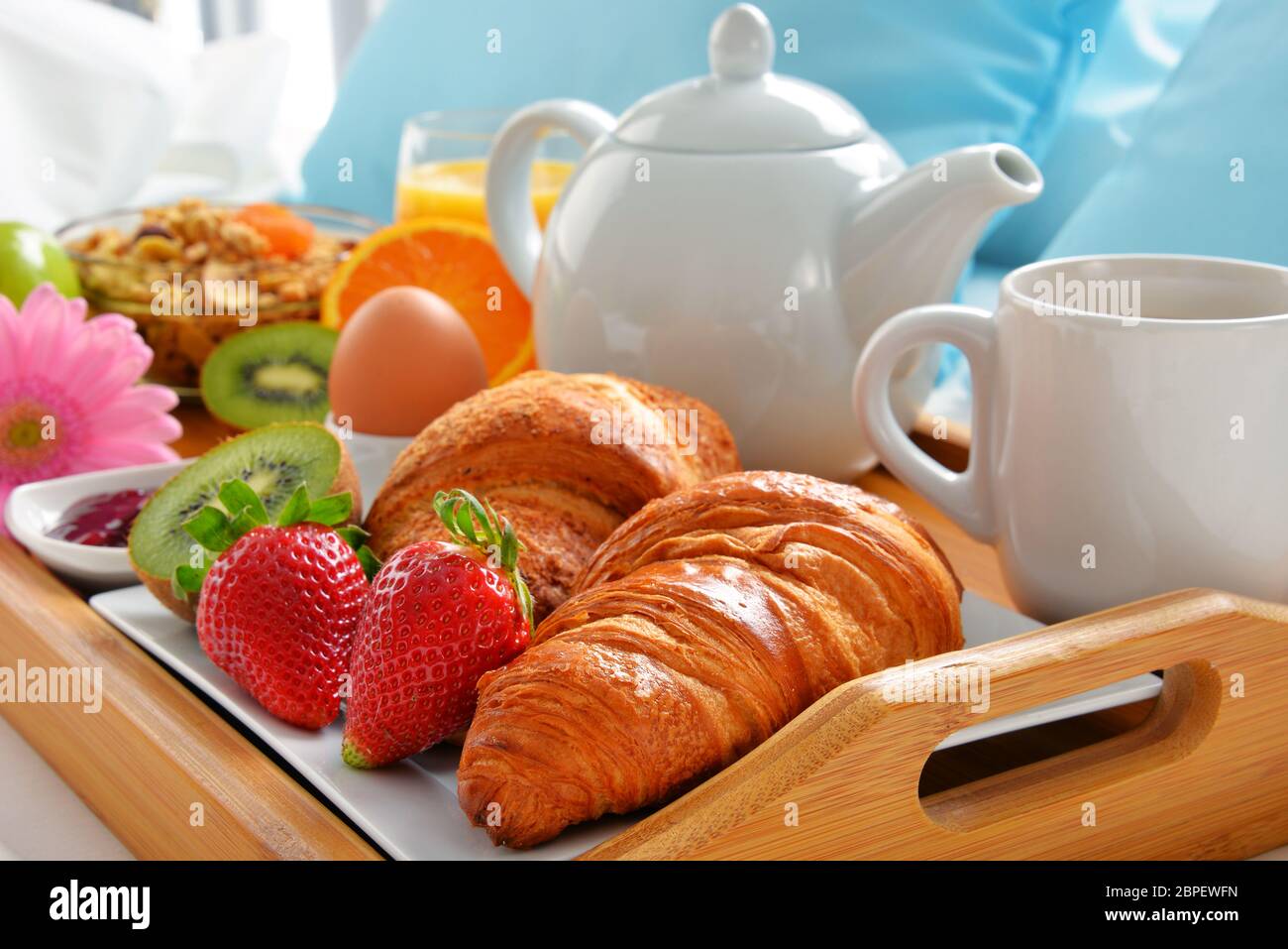 Breakfast tray in bed in hotel room Stock Photo Alamy