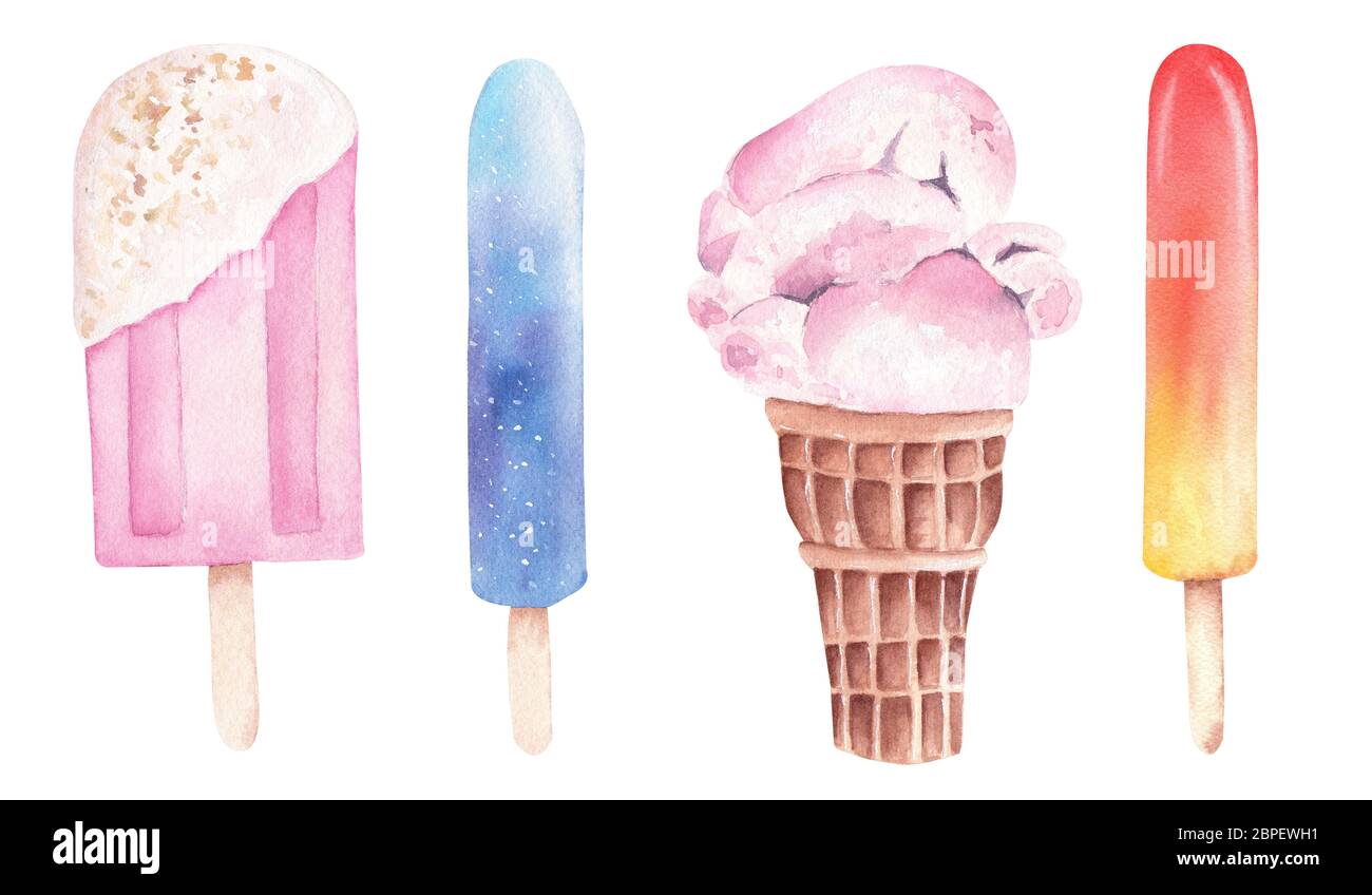 Watercolor Ice Cream Popsicle Clipart Isolated On White Background Summer Food Design Graphic Elements Hand Painted Illustration Stock Photo Alamy
