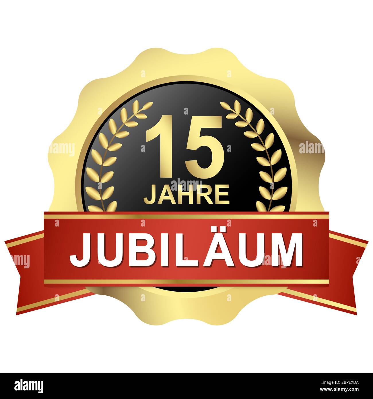 gold button with red banner for 15 years jubilee (text in german) Stock Photo