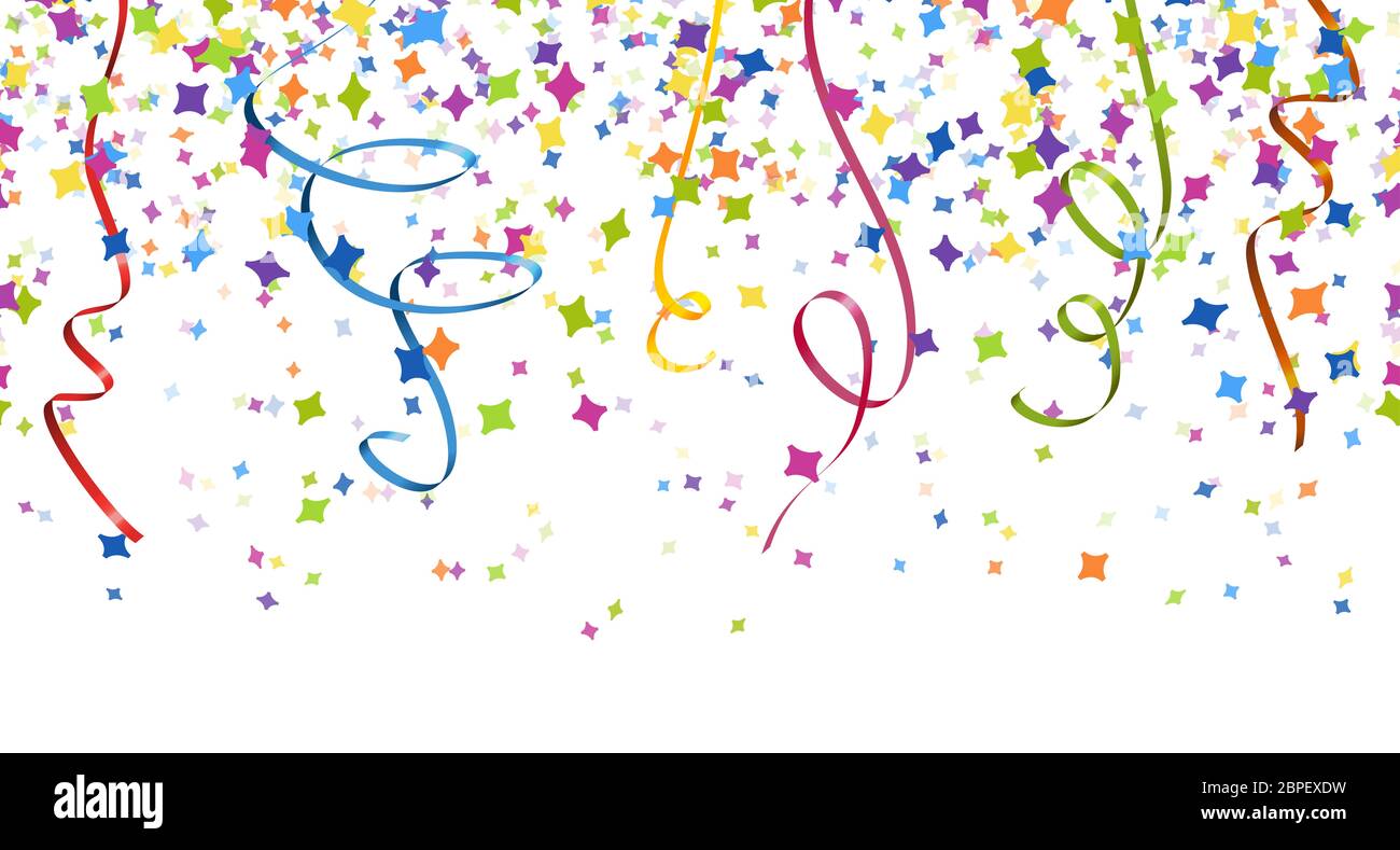 seamless background with different colored confetti and streamers for party time Stock Photo