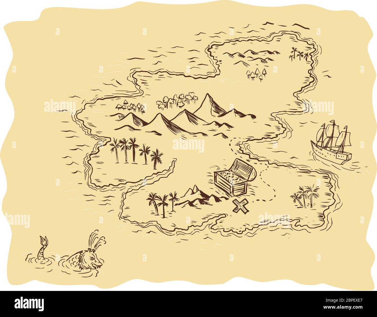 Drawing sketch style illustration of a pirate treasure map showing a treasure chest with x mark the sport and sailing ship and sea serpent in  backgro Stock Photo